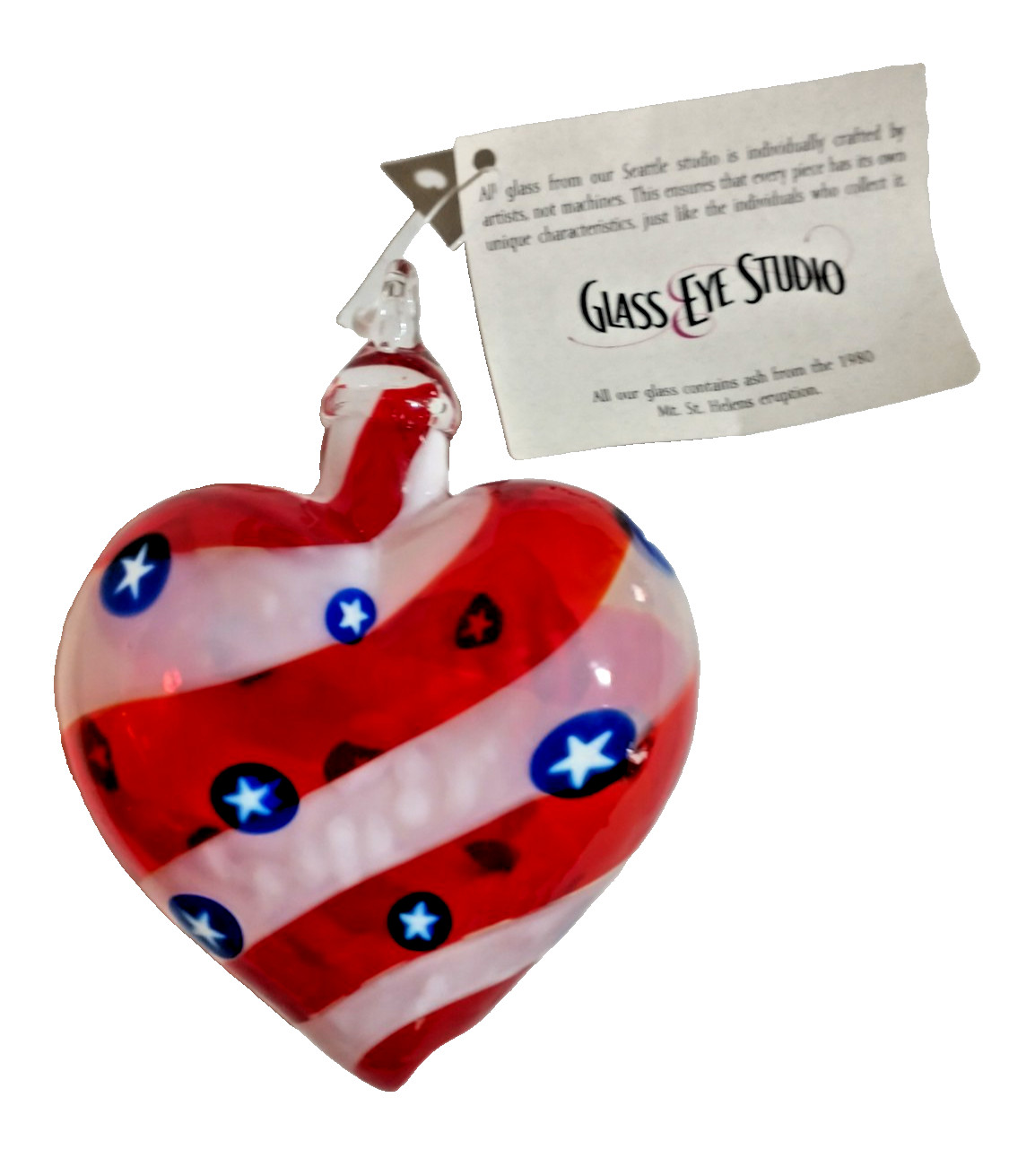 Glass Eye Studio – Art Glass Heart Ornament – Rare Patriotic USA Stars & Stripes