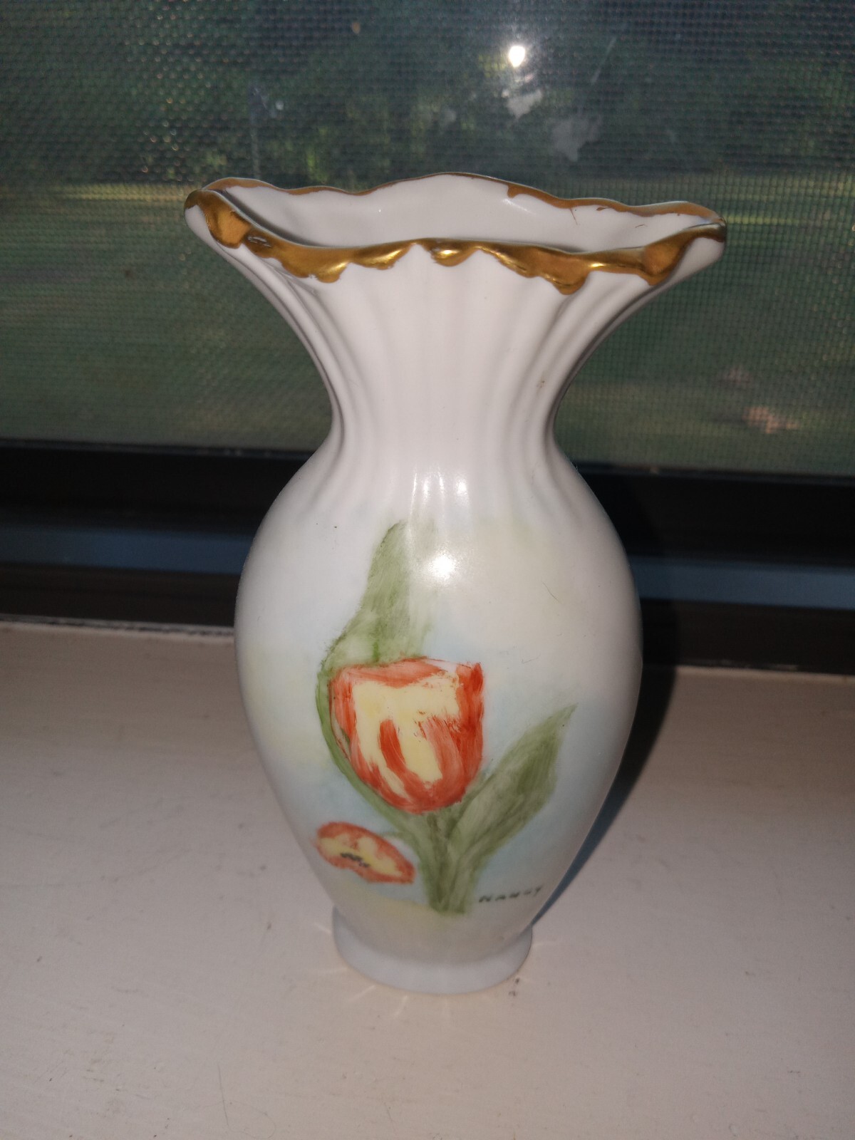 Porcelain Tulip Shaped Vase Signed By Artist Nancy