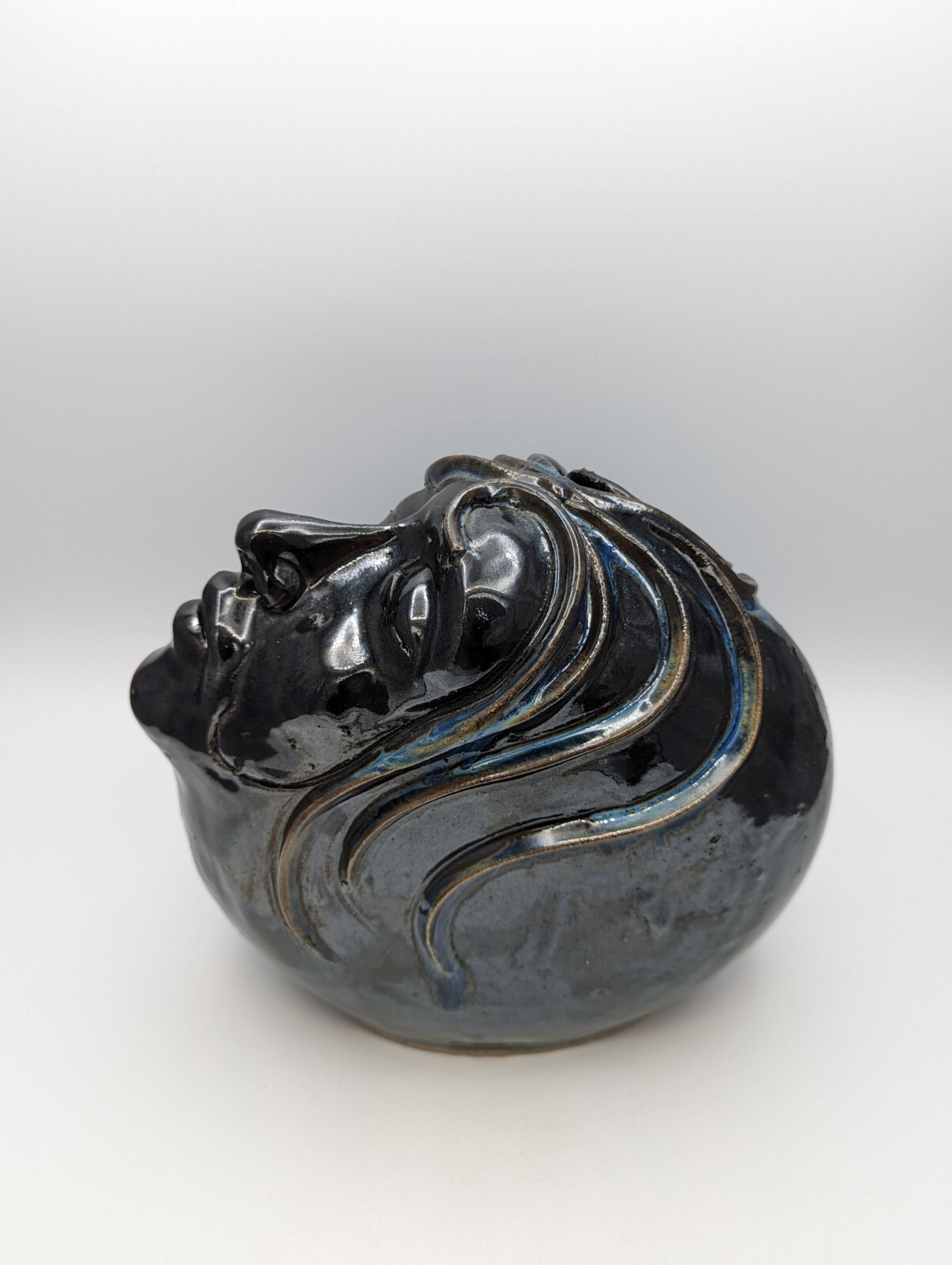 James Jim Loso Female Face Pottery Vase Sculpture Black Blue Studio Art Signed