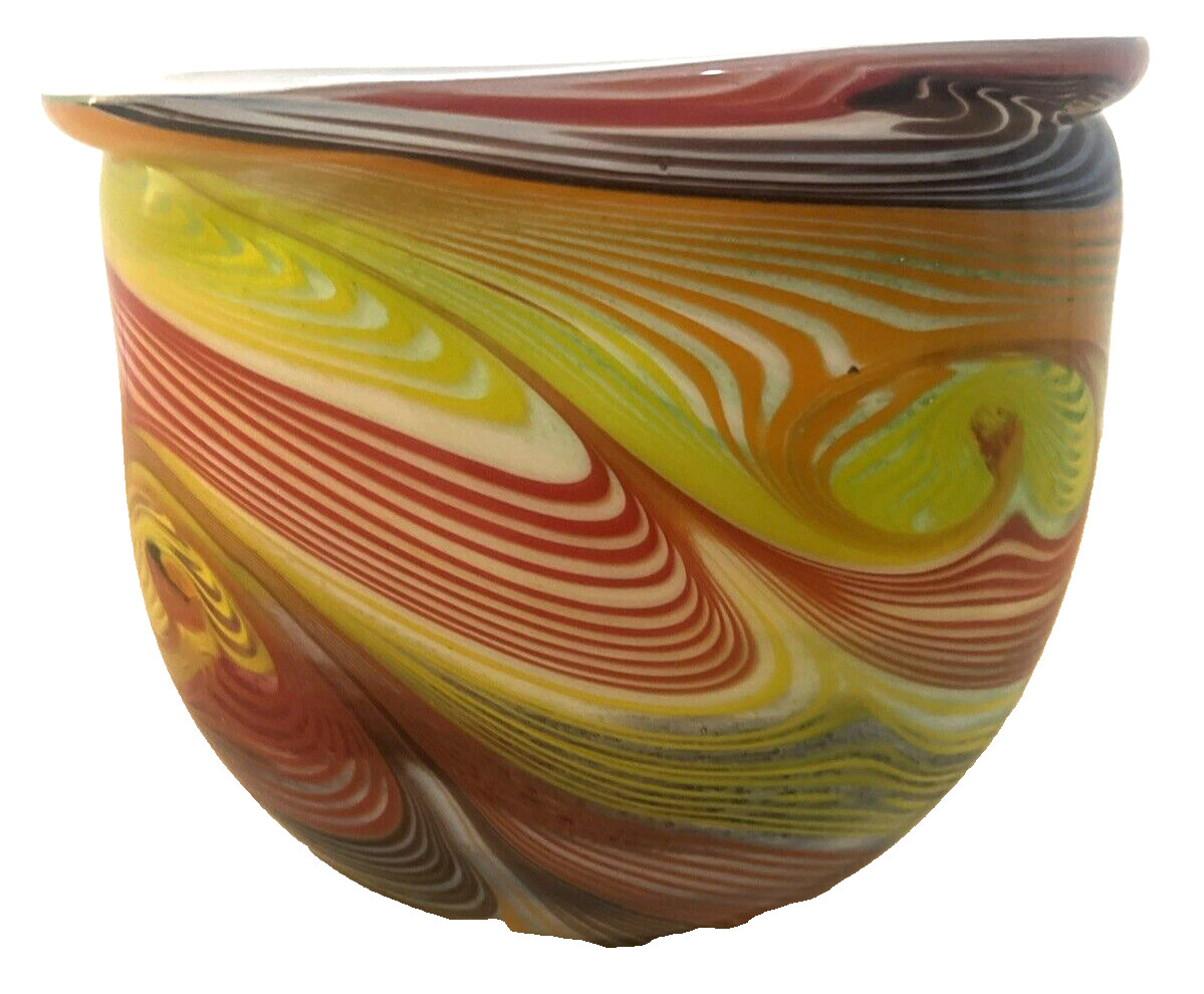 Swirl Art Glass Multi Color Red Orange Yellow Green Black Vase Heavy 7’X7″