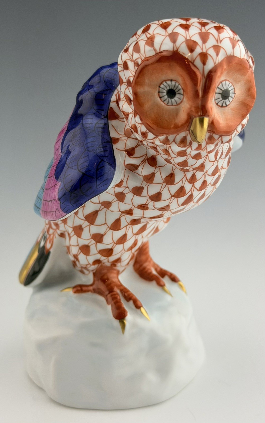 🦋 HEREND Owl on Rock Rust Fishnet Bird Figurine