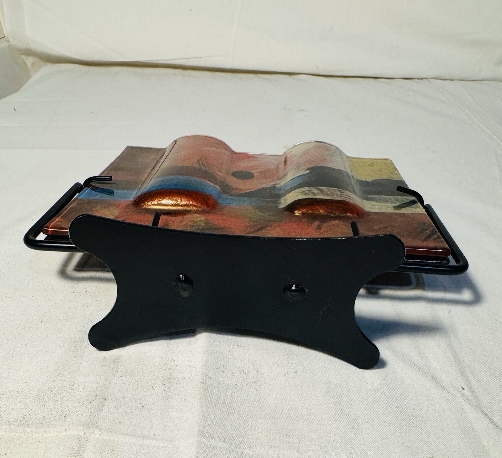 Abstract Art Glass Vase Multi Color Metal Stand Signed