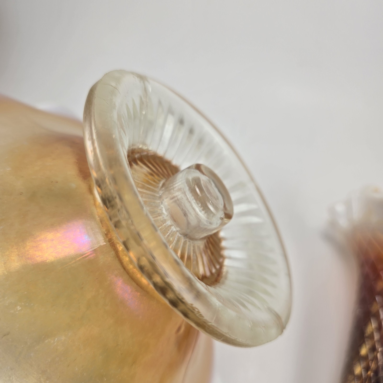 Dugan Single Epergne Peach Opalescent Fishnet Marigold Carnival Glass ca 1910s