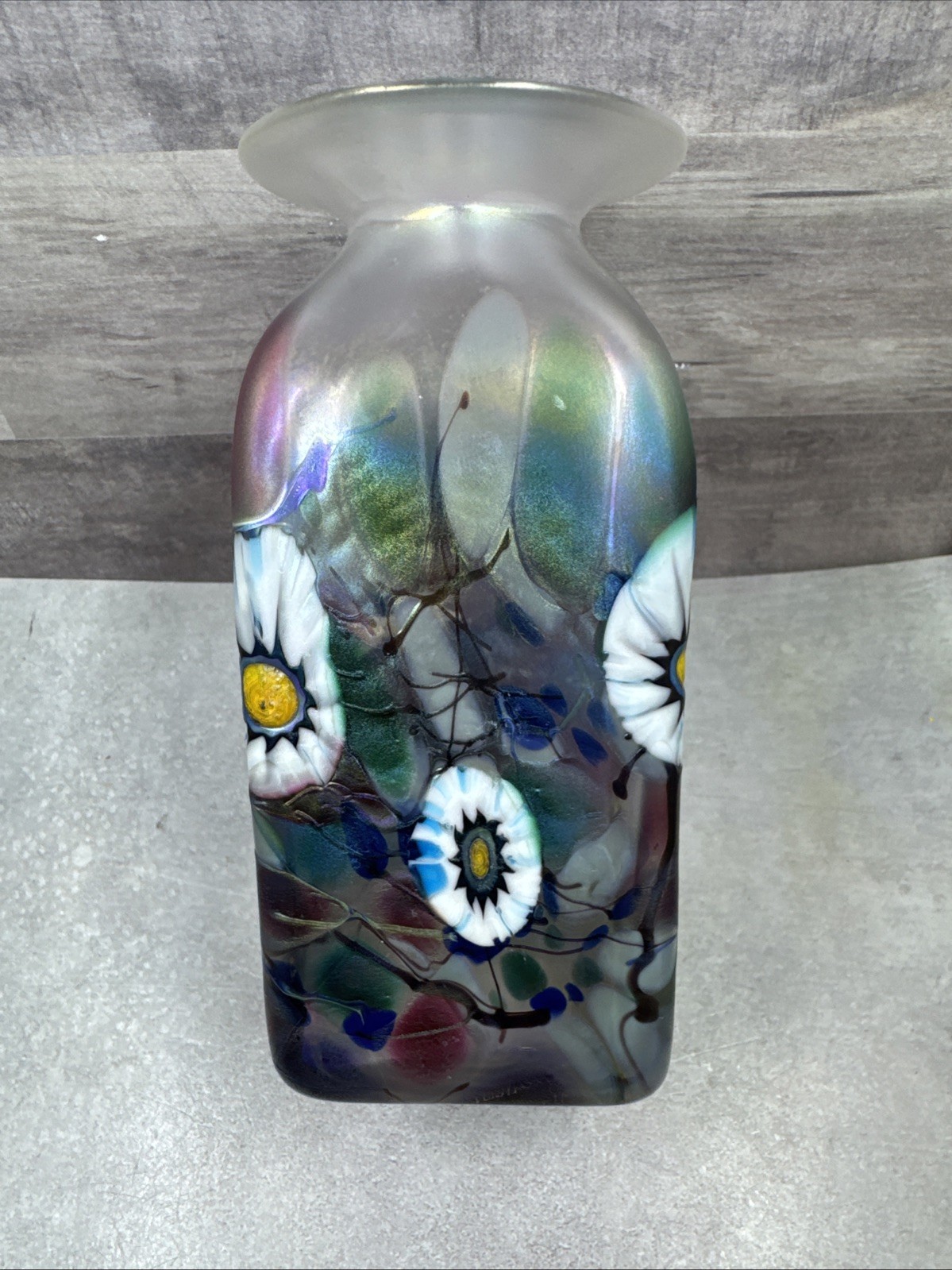 Herb A Thomas Art Glass Vase Iridescent Blue Purple w/ Floral Flowers 6” Signed