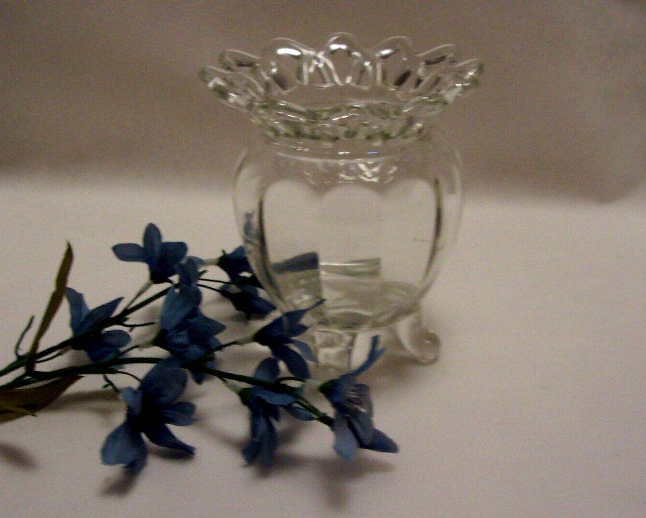 5” Imperial Clear Glass Laced Edge Paneled Sides 4 Footed Vase 1950s MCM