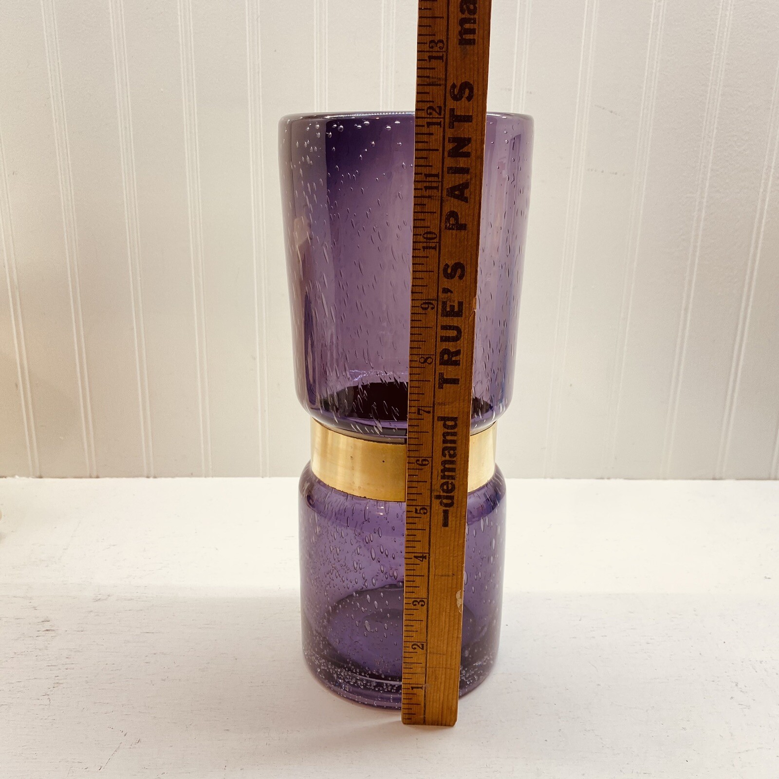 12” Moser Style Blown Glass Vase Gold Incised Band Amethyst Purple