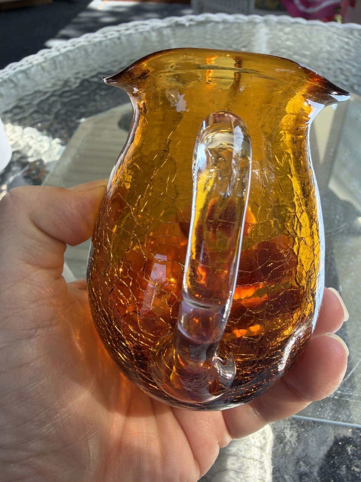 Amber Crackle Glass Pitcher Mini Vase Yellow Gold Hand Blown 3 3/4”Creamer
