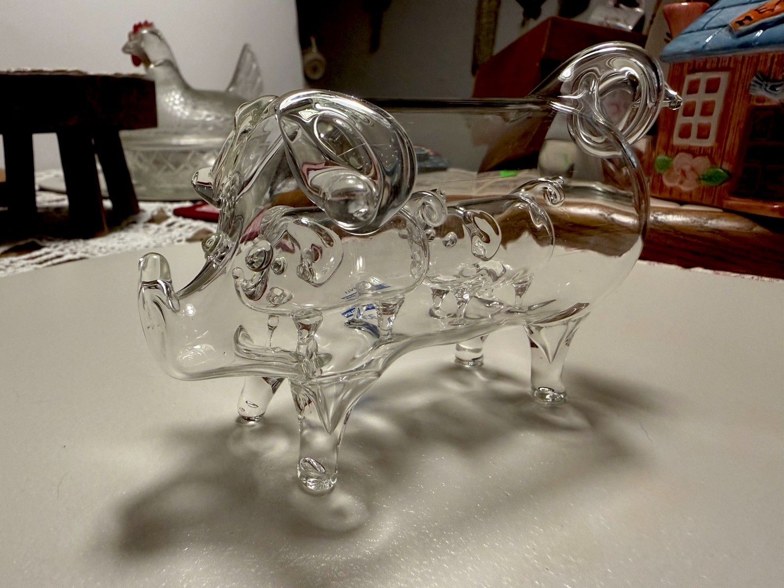 1970s Hand-blown clear glass sculpture titled “Pig in Pig in Pig”