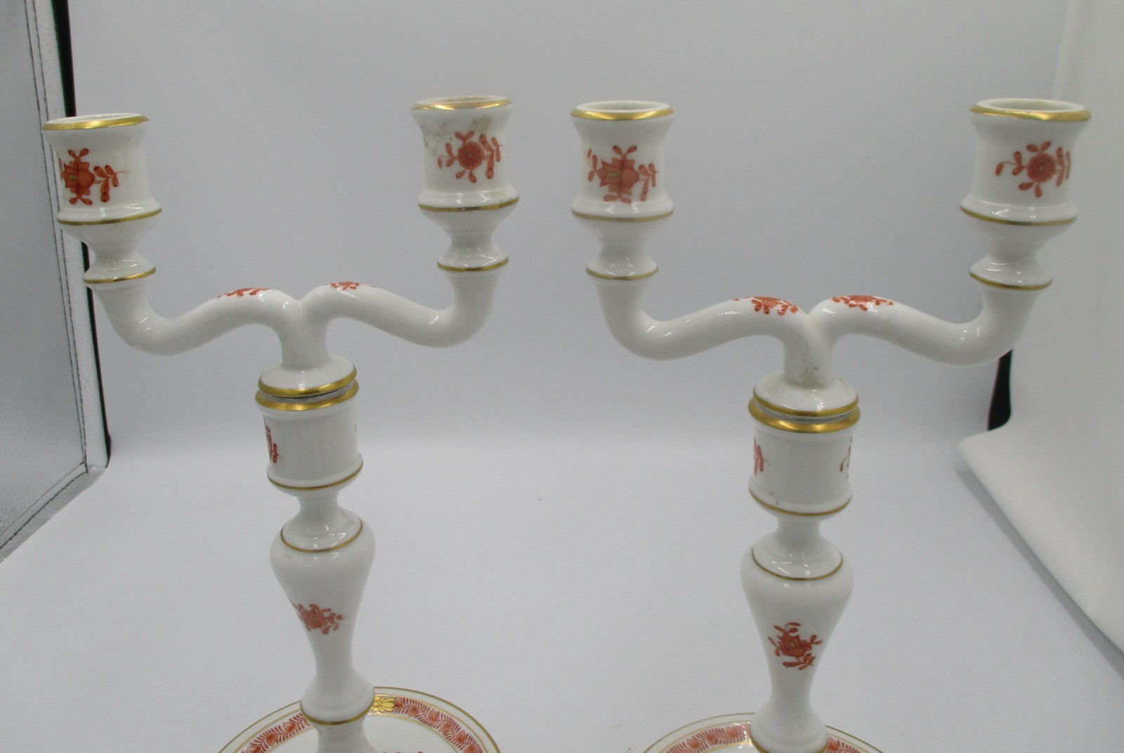Pair Herend Chinese Bouquet Rust Candlesticks with Two Different Arm Styles