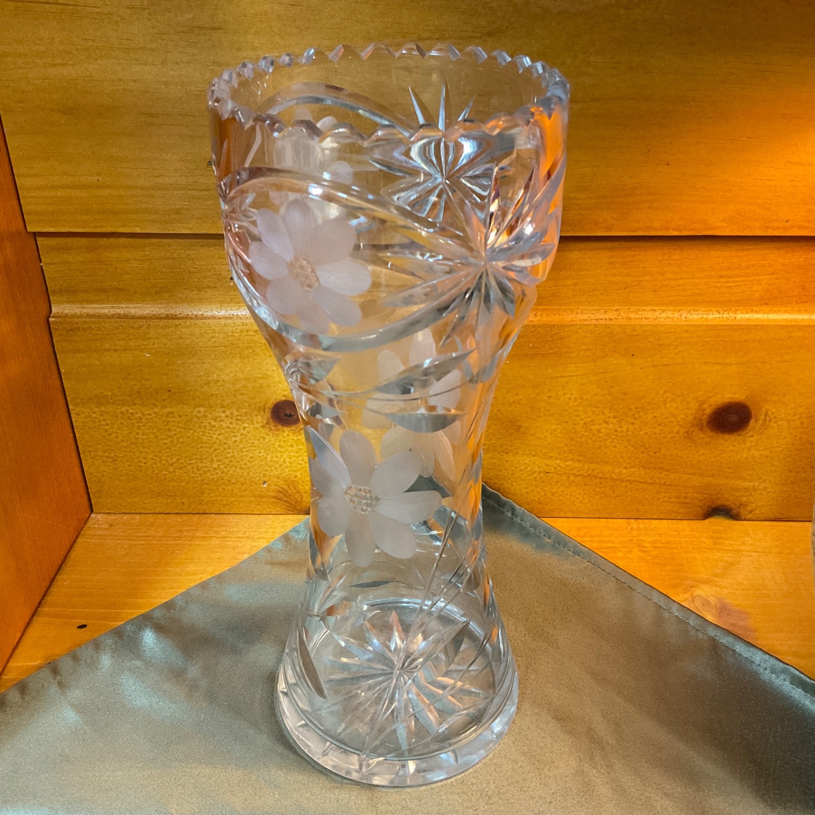 VTG American Brilliant 12″ Spiral HandCut Bulbous Crystal Glass Statement Vase