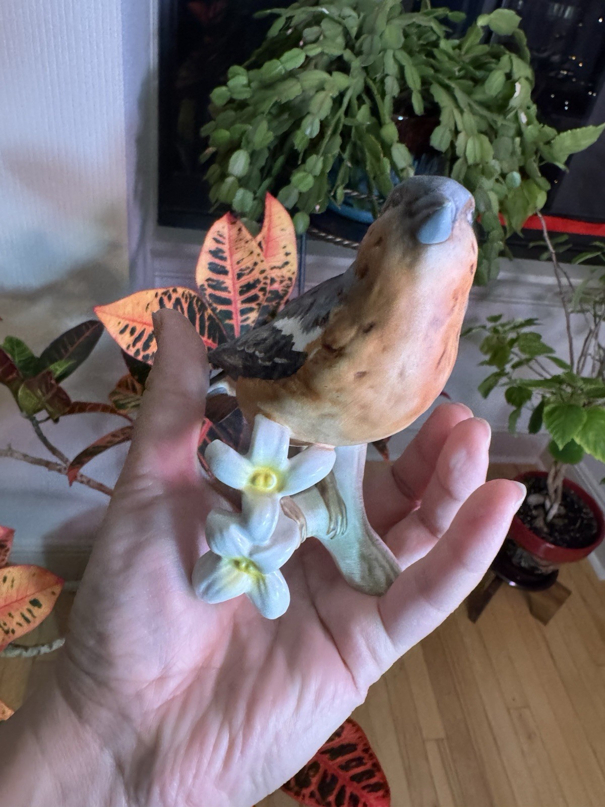 Goebel Hand Painted Porcelain Bird Figurine Germany Branch White Flowers Decor