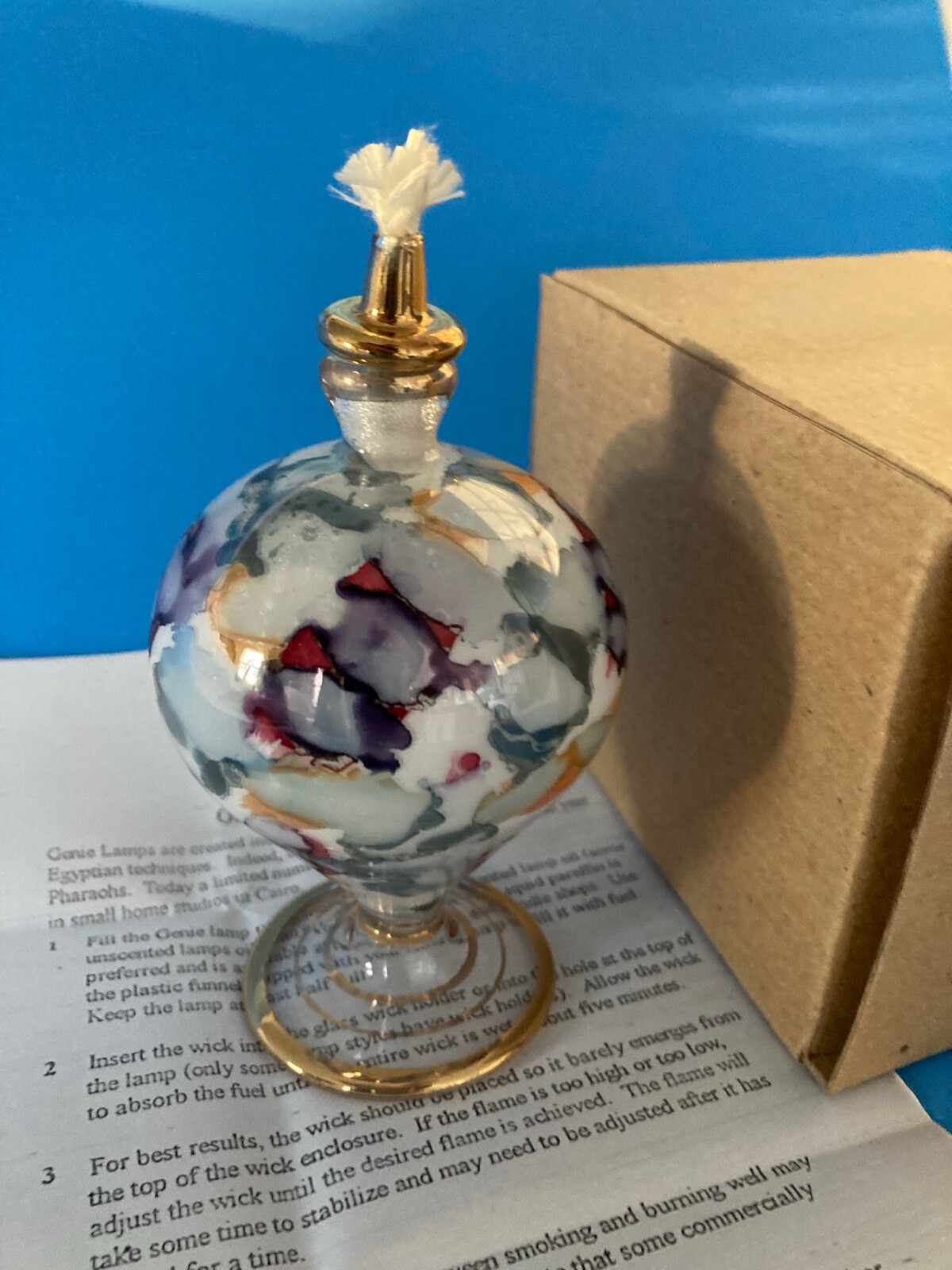NEW MODELED HAND BLOWN GLASS OIL LAMP 24K GOLD EGYPTIAN NIB GENIE BOTTLES NOS A+