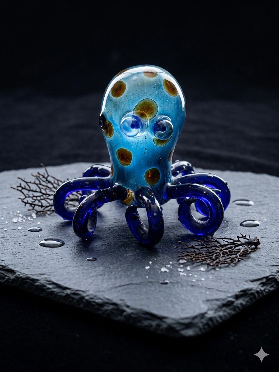 Vintage Hand Blown Octopus Art Glass Pipe Blue Amber Spotted Kraken Nautical 5″