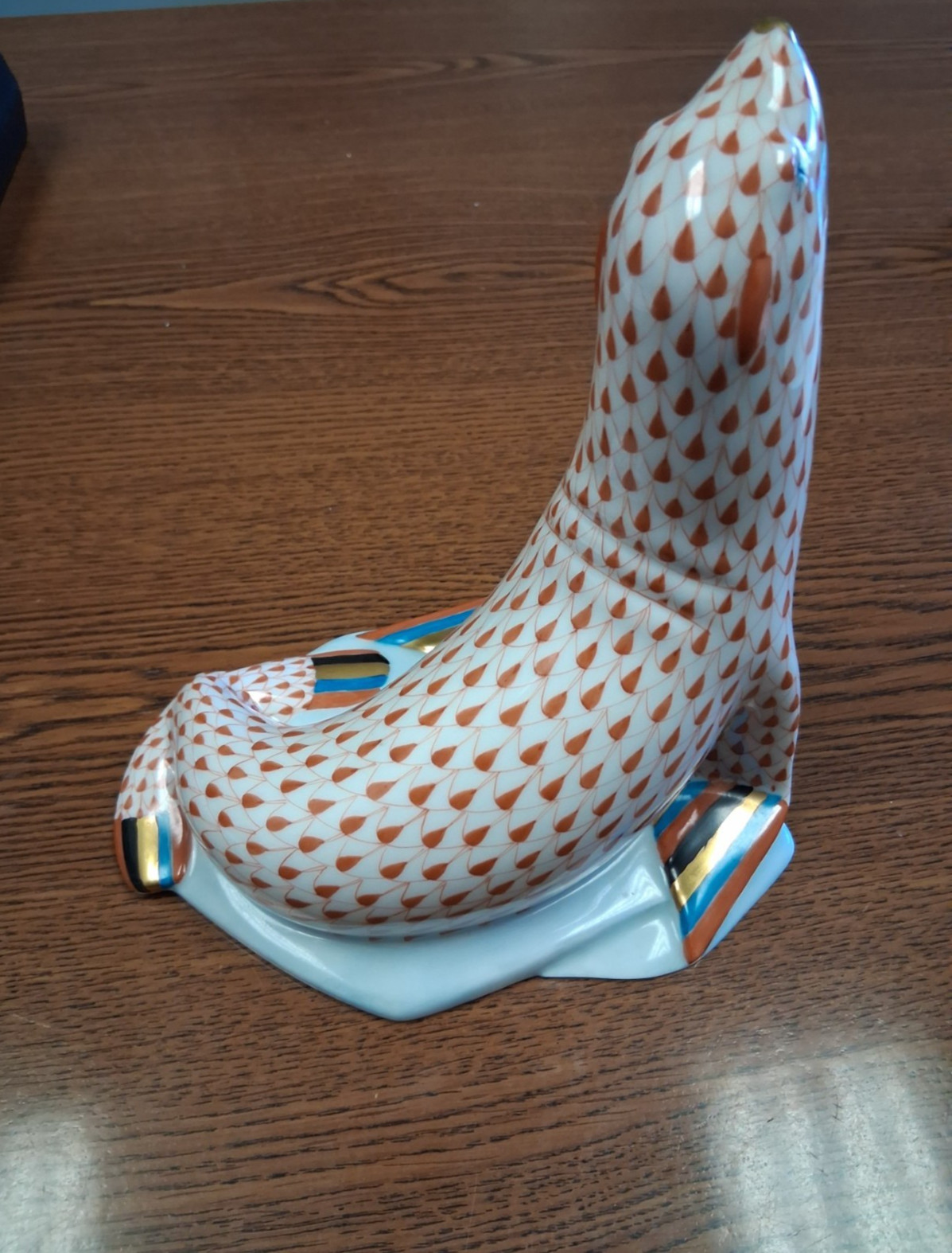 Herend Hand-Painted Rust Fishnet Porcelain Seal on Iceberg Figurine-RARE!!