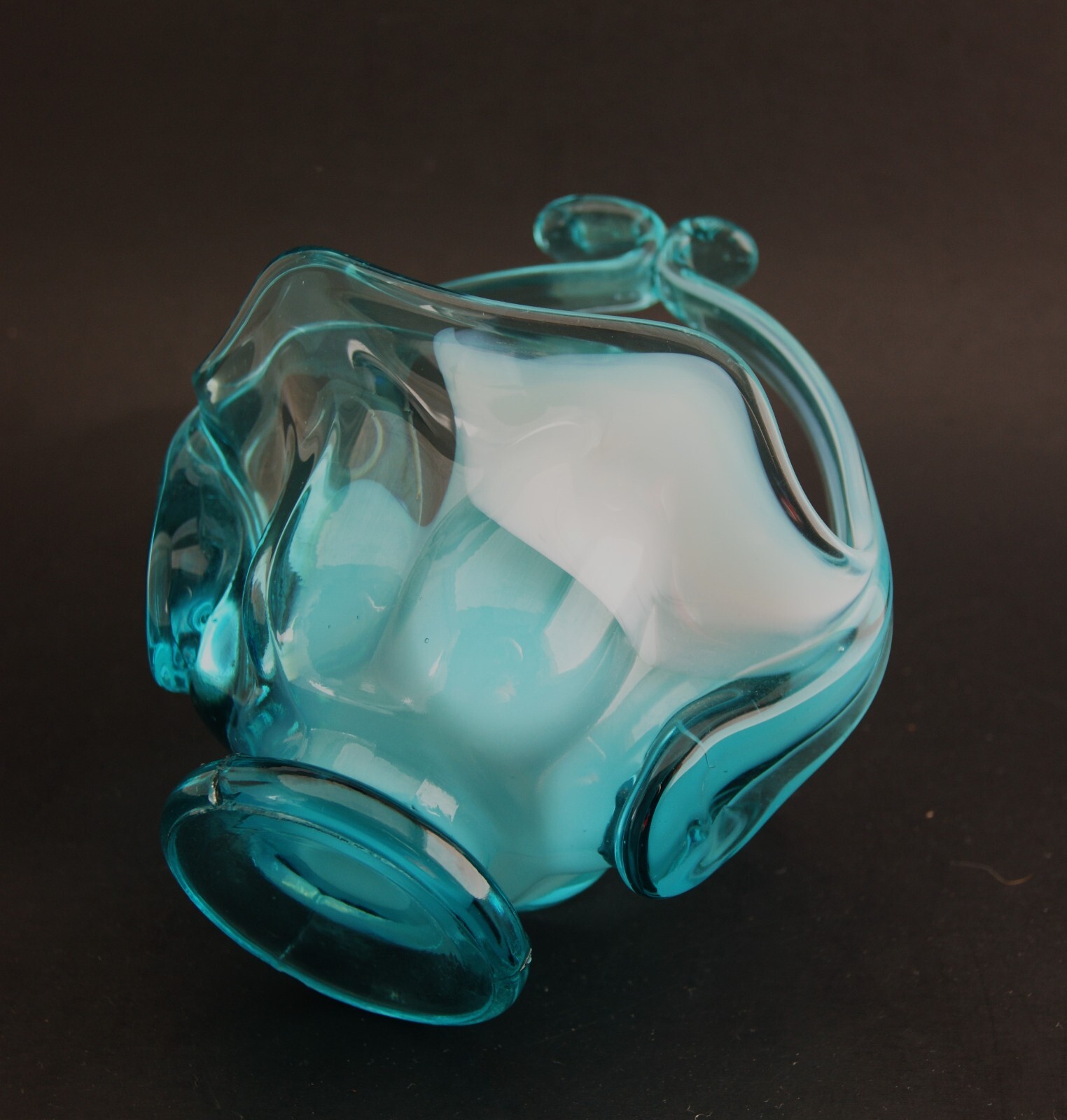 Blown Biomorphic Art Glass Sweet Meat Basket Blue and White Swirl Candy Dish
