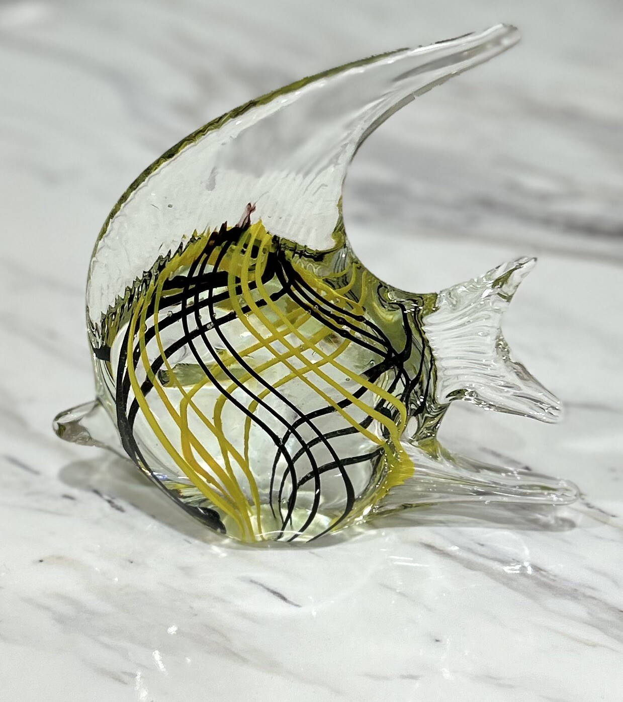 Art Glass Angel Fish Black Yellow Swirly Stripes Paperweight Figurine 6.5″ Tall