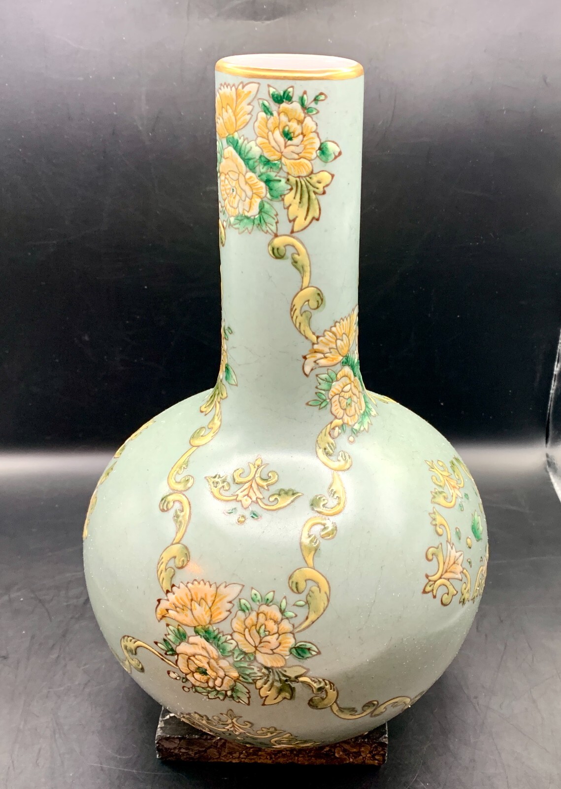Porcelain Vase Celestial Sphere Hand Painted Celadon Chinese Vintage 10.25″ T