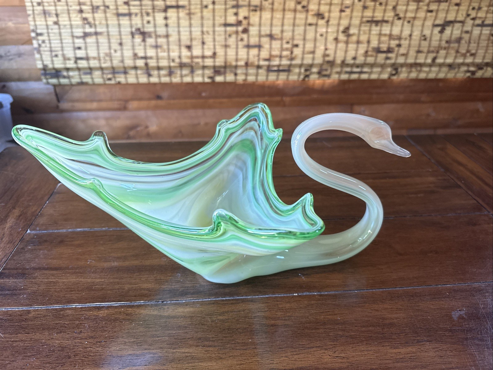 Vintage Art Glass Swan Bowl Green Murano Style Hand Blown Mid Century Decor