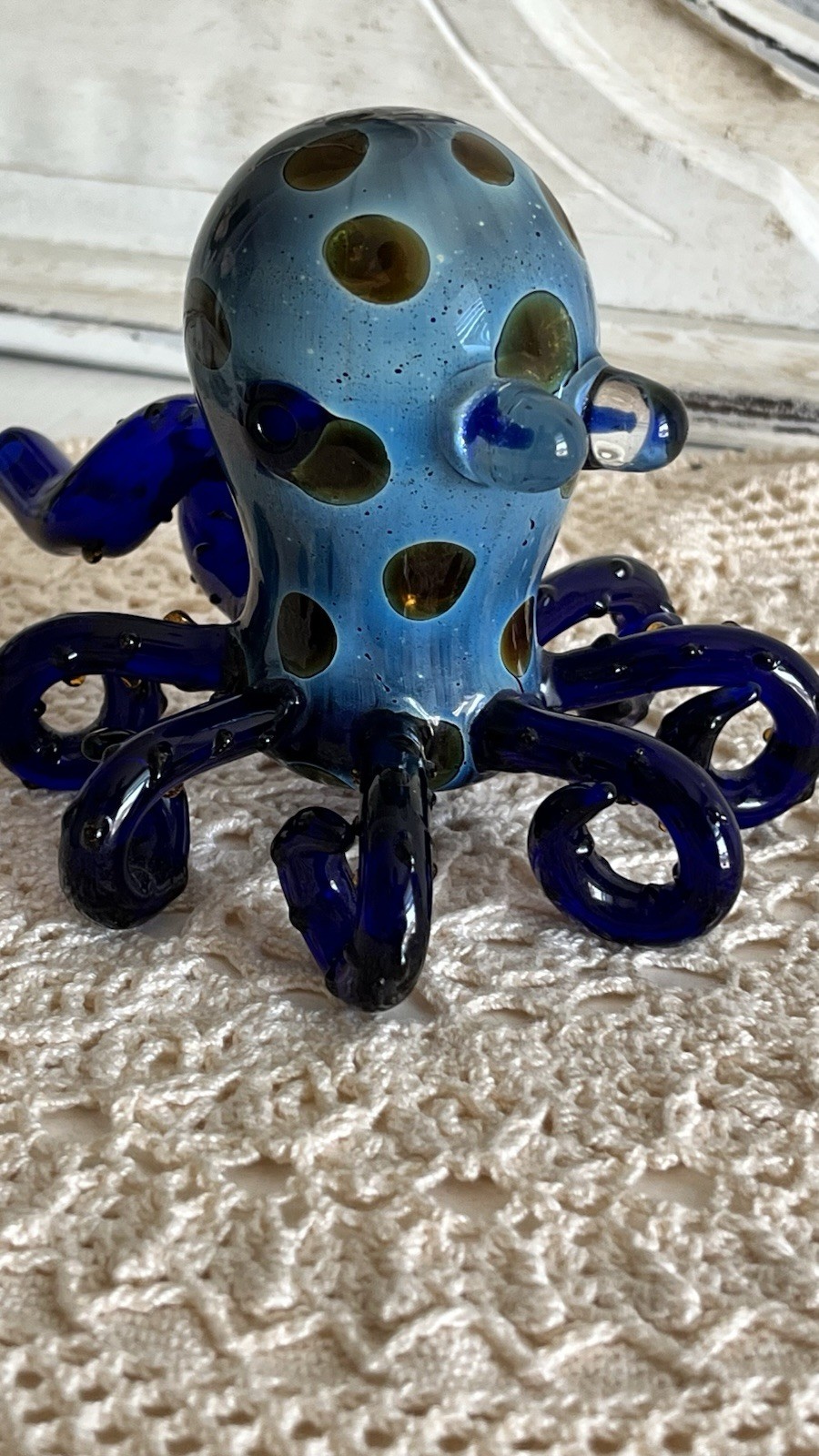 Vintage Hand Blown Octopus Art Glass Pipe Blue Amber Spotted Kraken Nautical 5″
