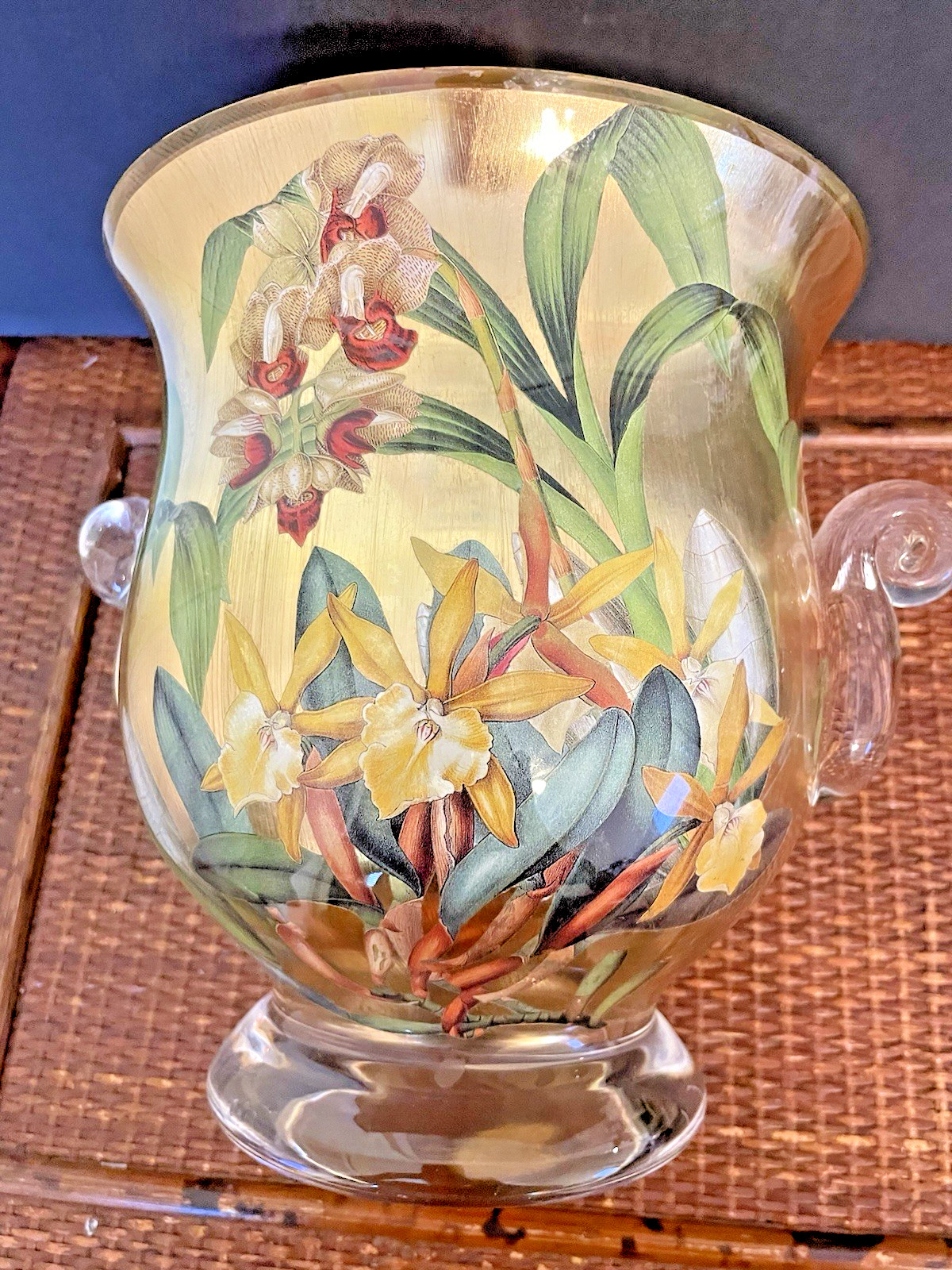 Scott Potter Glass Urn Vase Orchid Decoupage and Gilding under glass 9″ tall