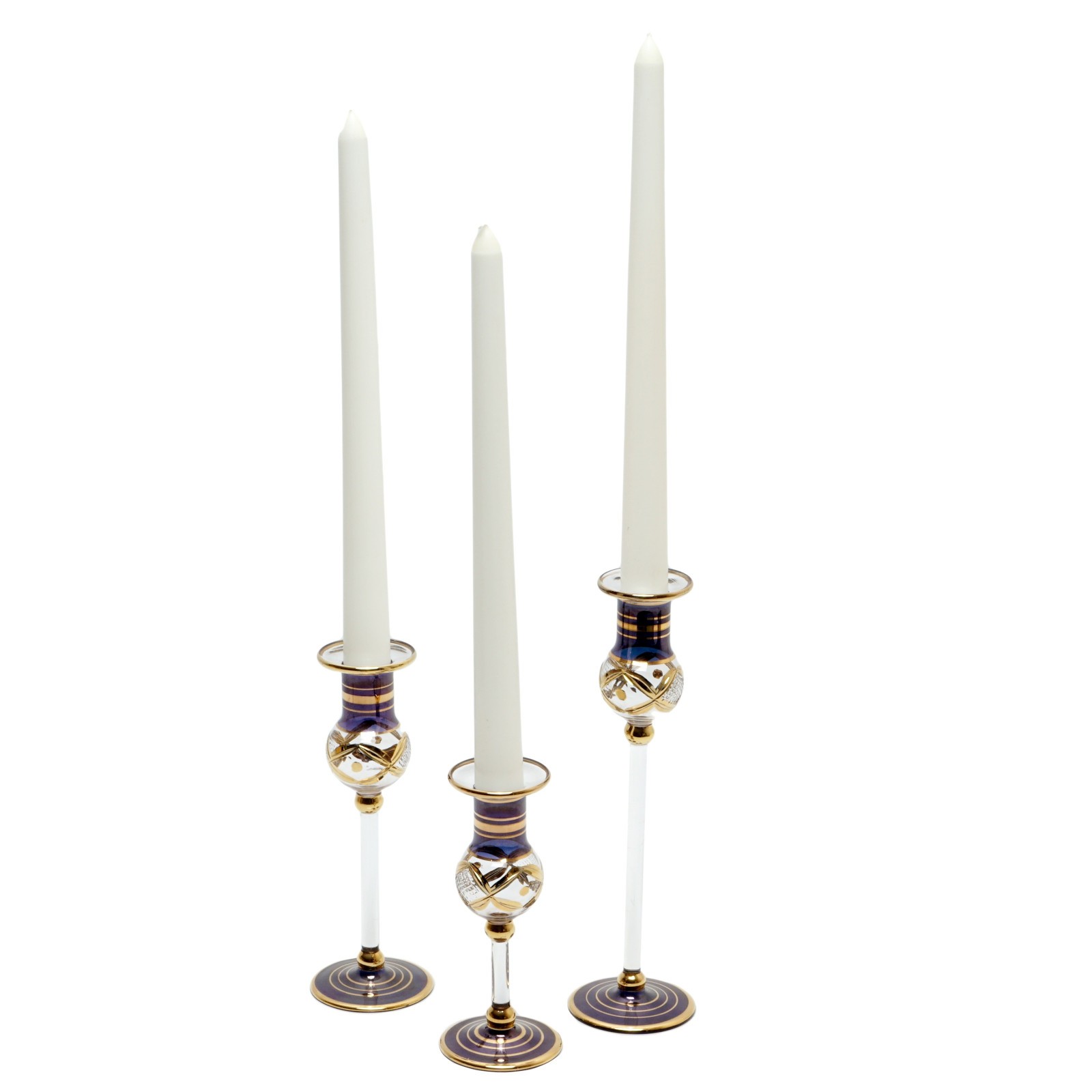 Egyptian Blown Glass Candlestick Holders w White Candles Set of 3 Blue and Gold