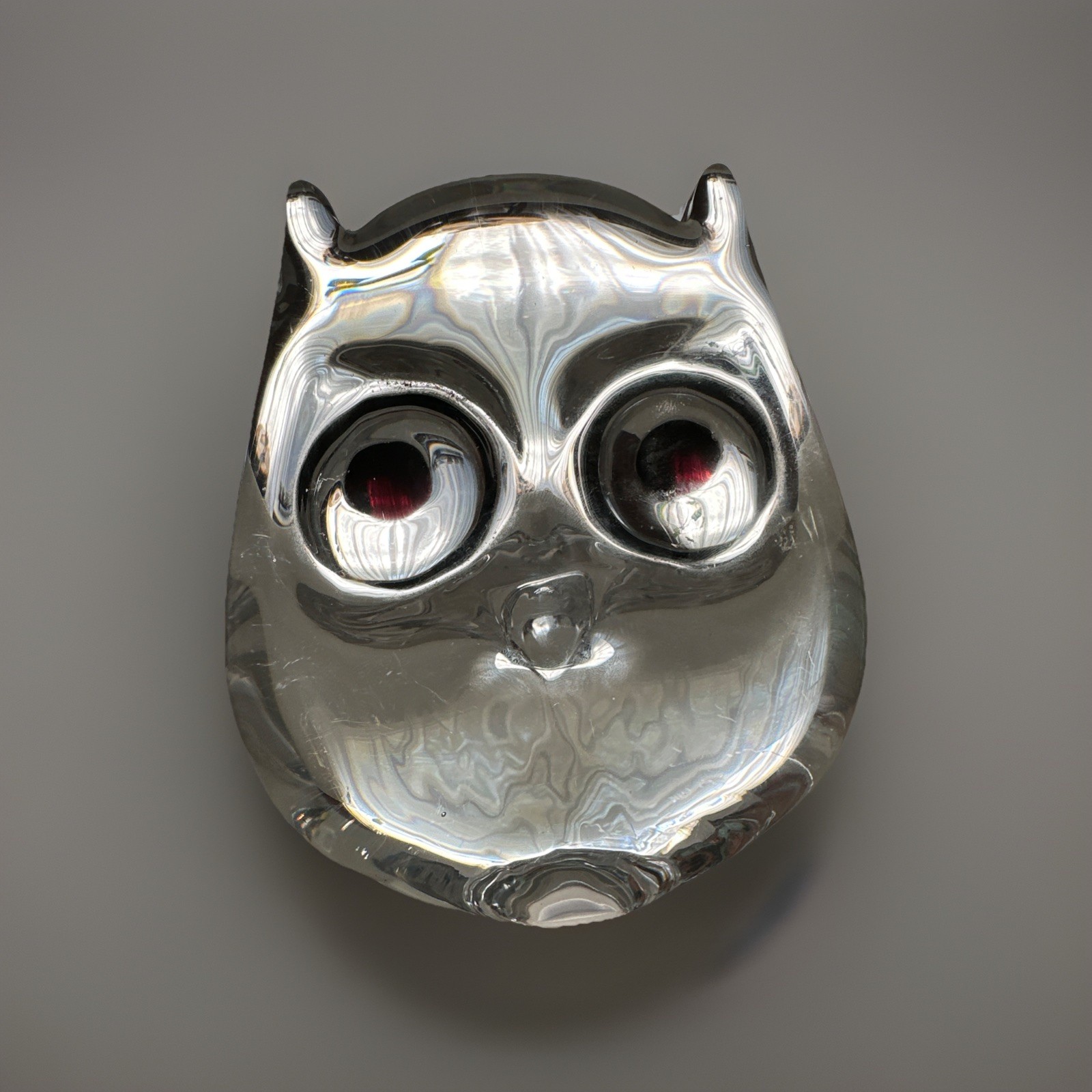 Studio Art Glass Crystal Owl Sculpture with Amber Eyes, Mid-Century Modern, 5.5”