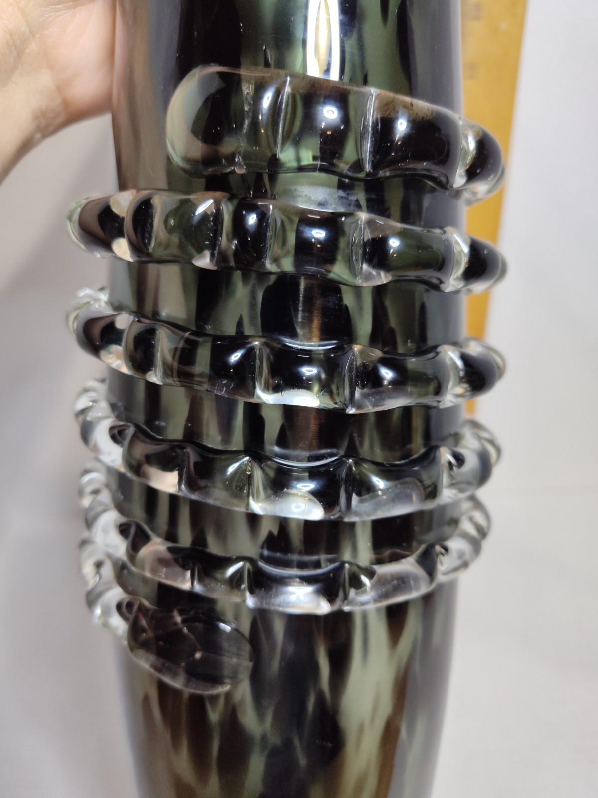 Black Speckled Glass Art Vase With Spiral Skeleton Like Wrap Moody Goth Decor