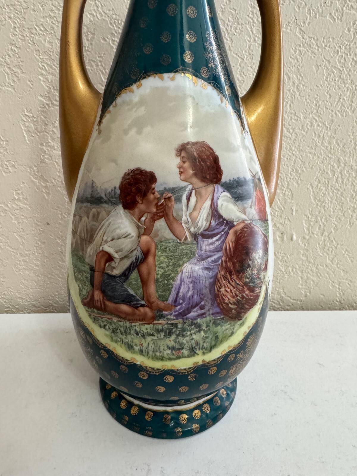 Antique Victoria Porcelain Schmidt & Co Austria Vase w/ Couple Decoration