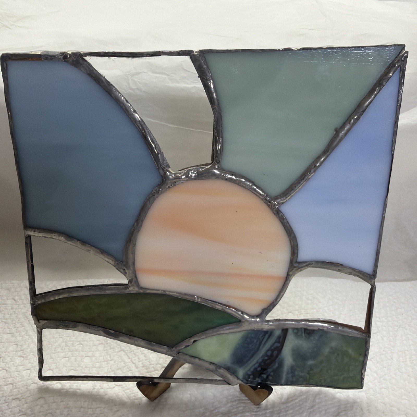 Stained Glass Suncatcher. 6×6 Sunrise Sky Grass Handmade Blue Green Pale Coral