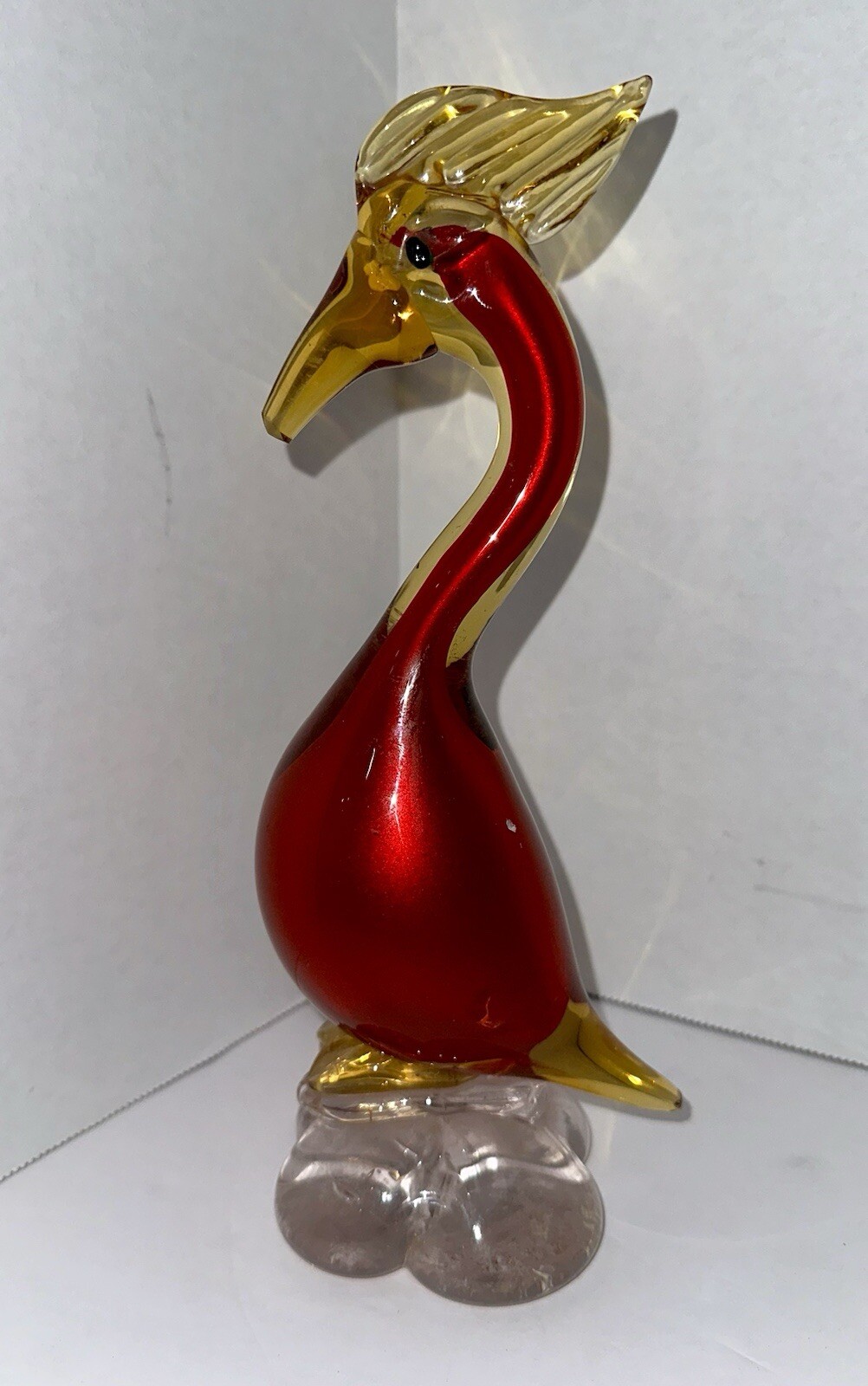 VTG Murano Italy Glass Heron Egret Bird Art Figurine Venetian Red Amber 9.5” MCM