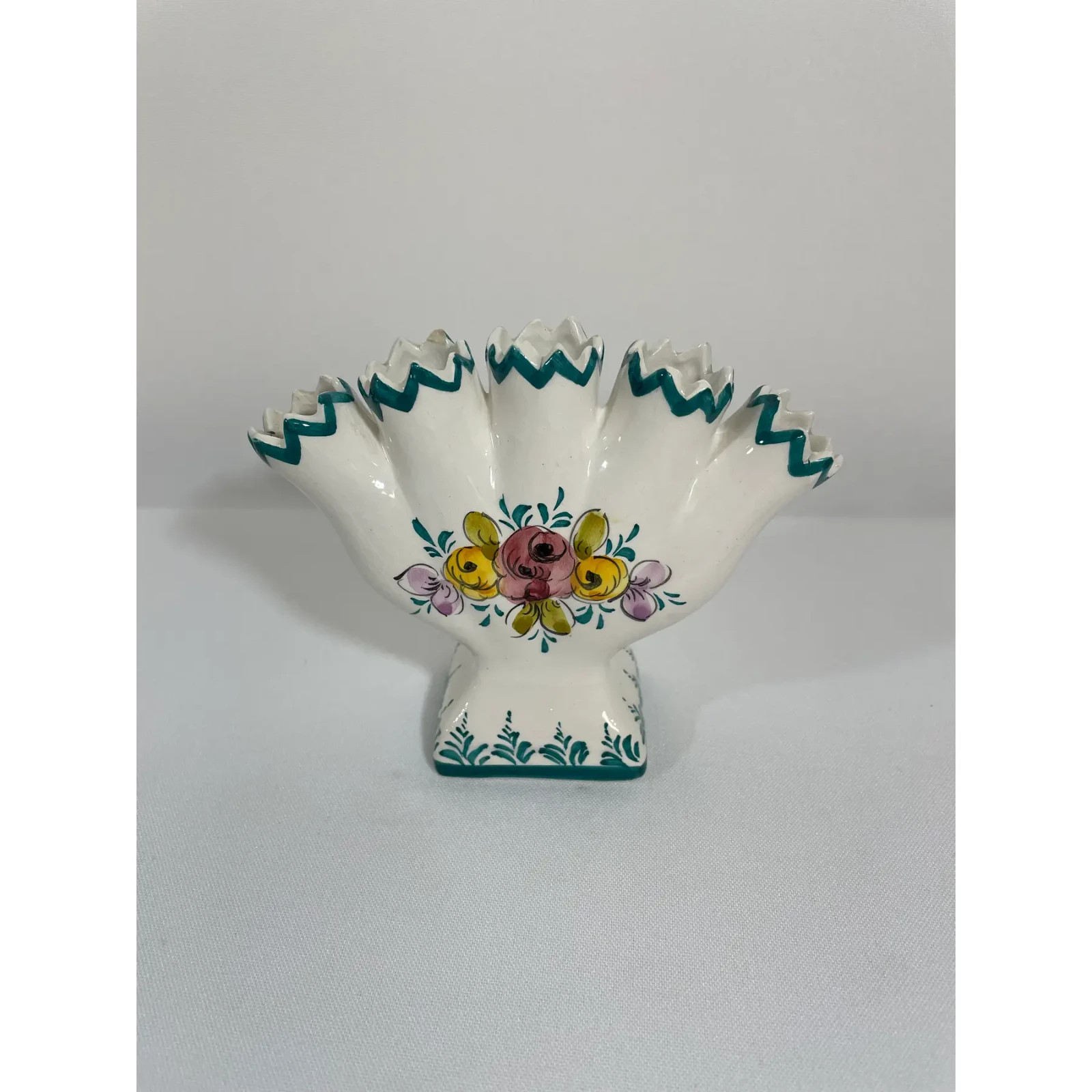Mid 20th Century Portuguese Petite Majolica Five Finger Tulip Vase Tulipiere