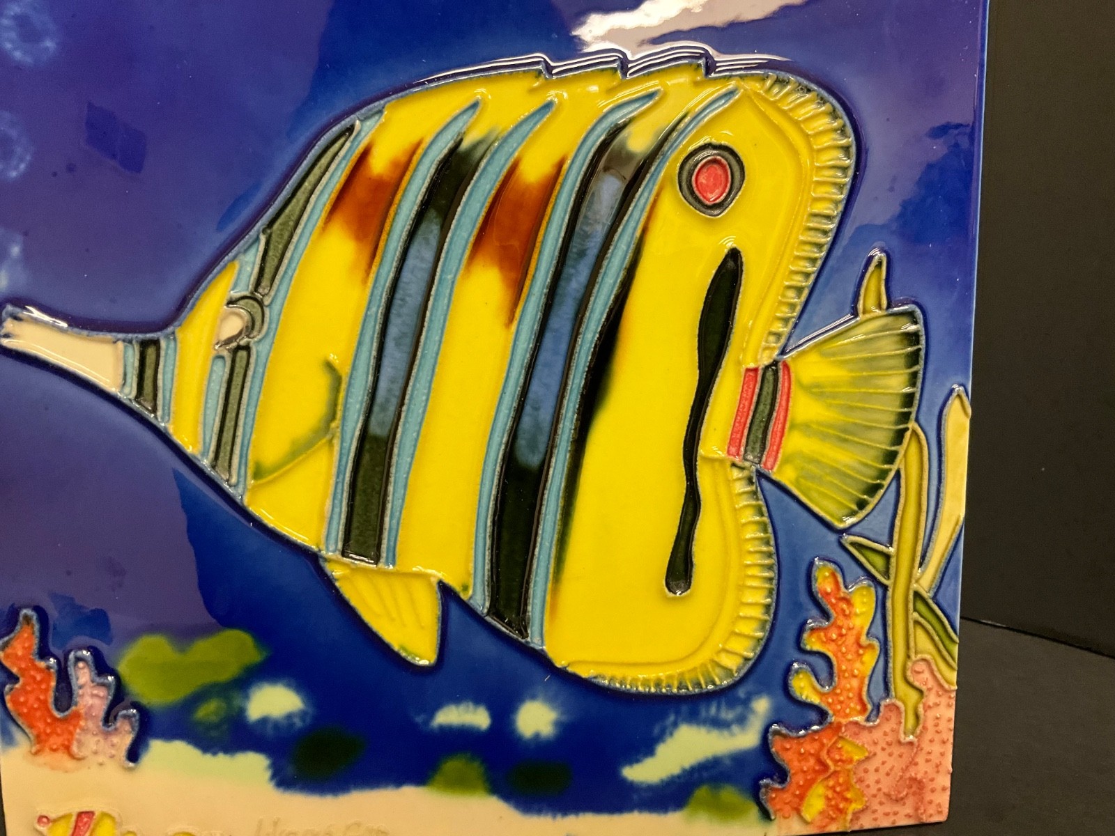 Tropical Yellow Fish & Deep Blue 8×8 in. Ceramic Tile with Backing & Stand