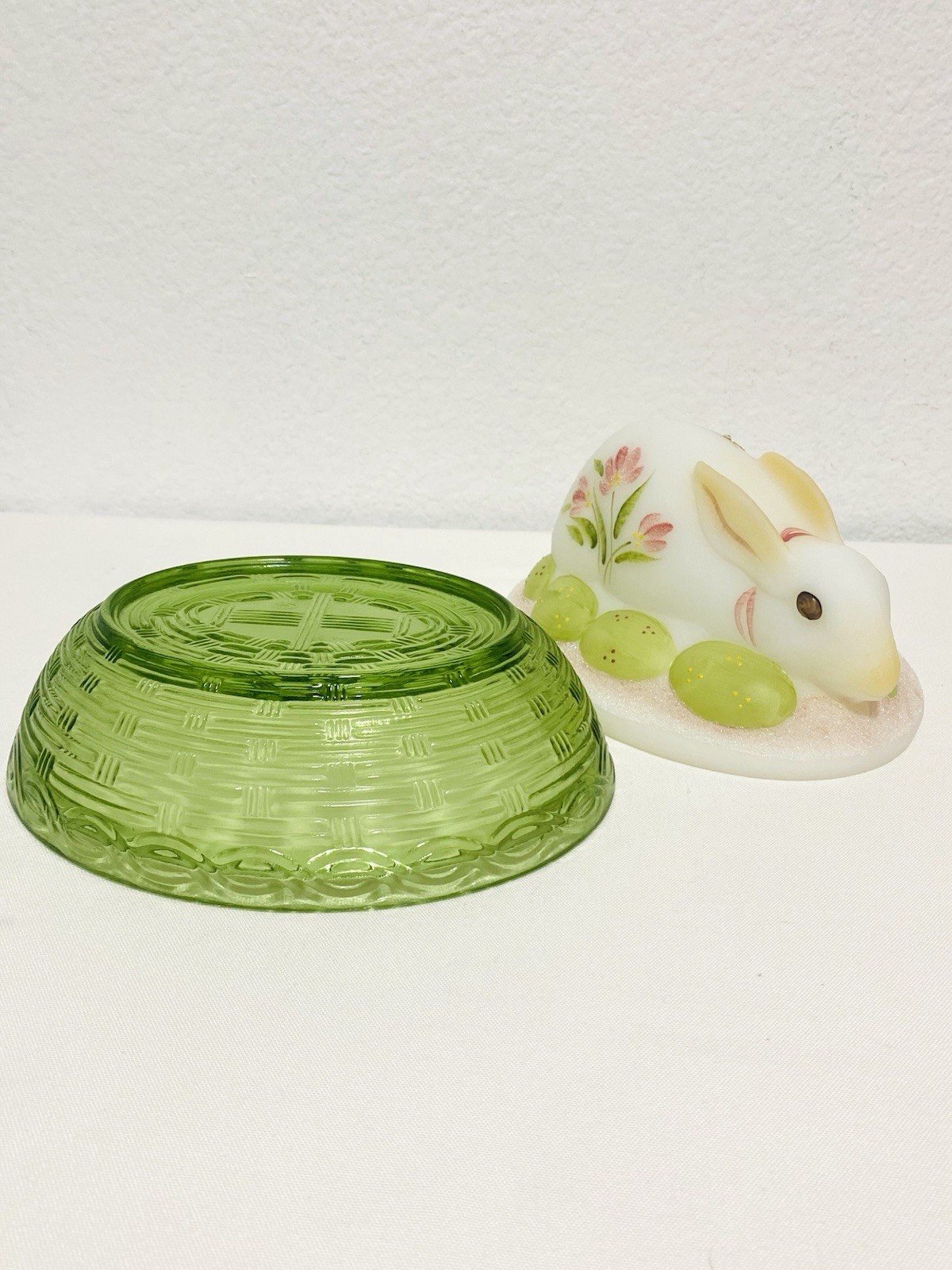 Fenton Bunny on Nest Candy Dish Pink Flowers & Eggs Hand Painted & Signed Large
