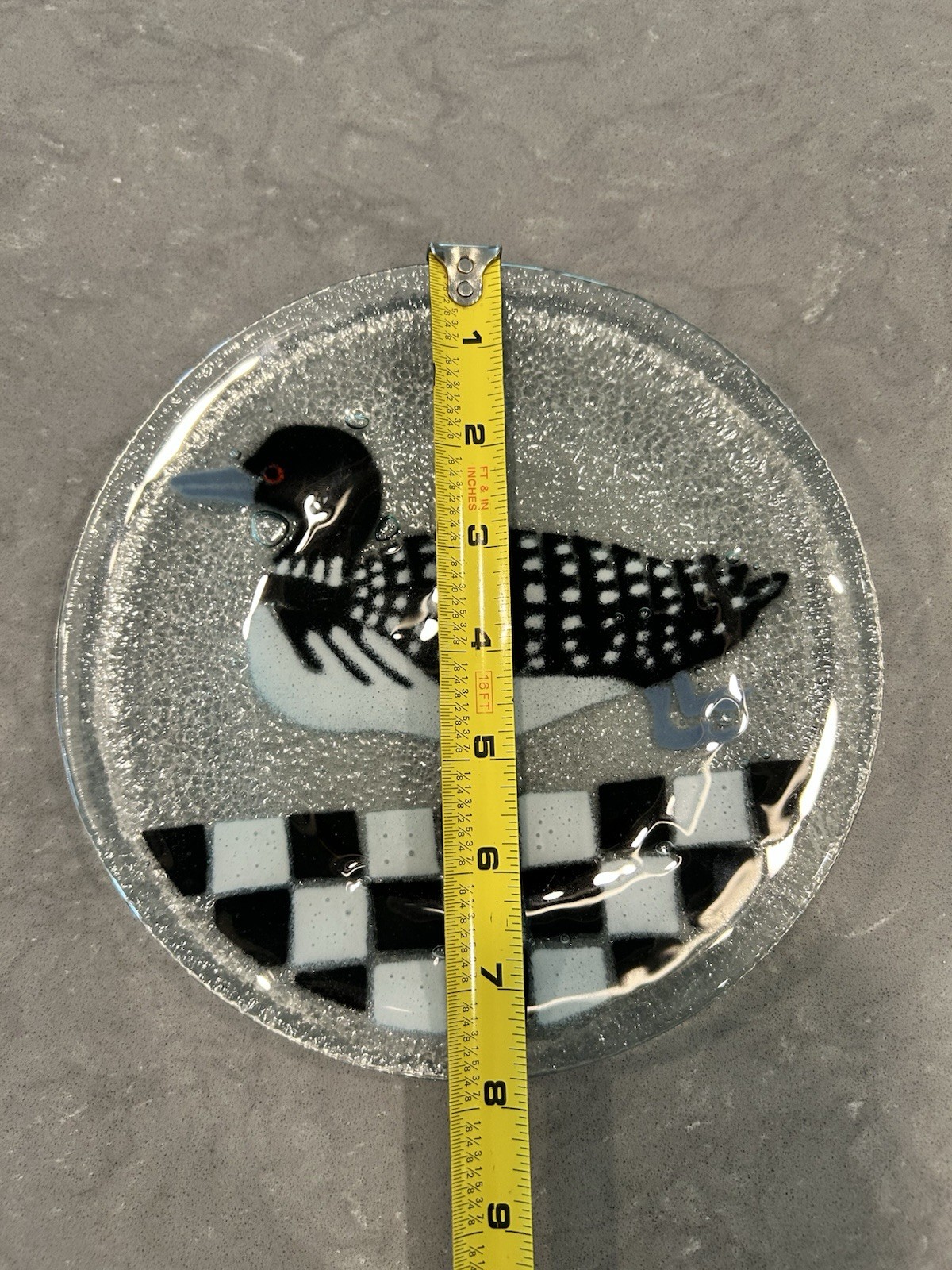 Vintage Loon Fused Glass Round Plate 7.75” Unsigned Bubbles Black White