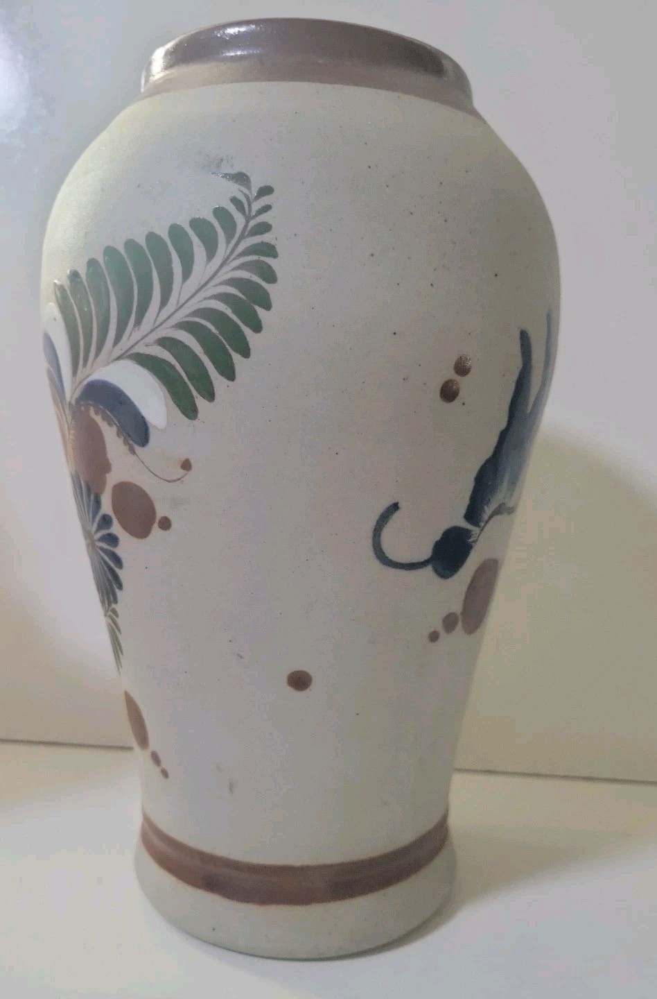 VTG Tonala Vase Mexican Folk Art Pottery Hand Painted Enamel Bird Flower