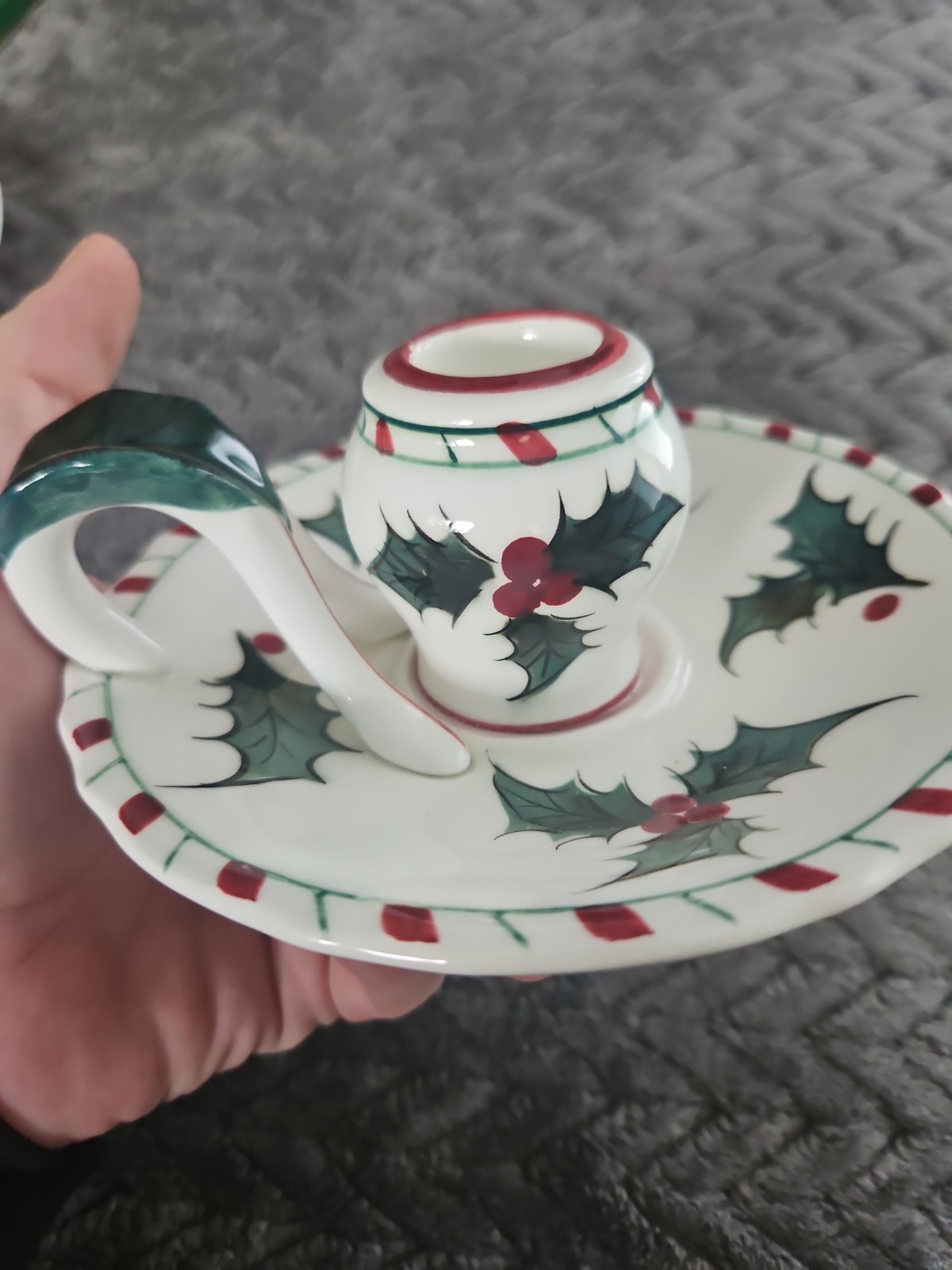 Lefton Japan Candlestick Holder Christmas Holly Candy Cane Rim Taper 033 LOT 3