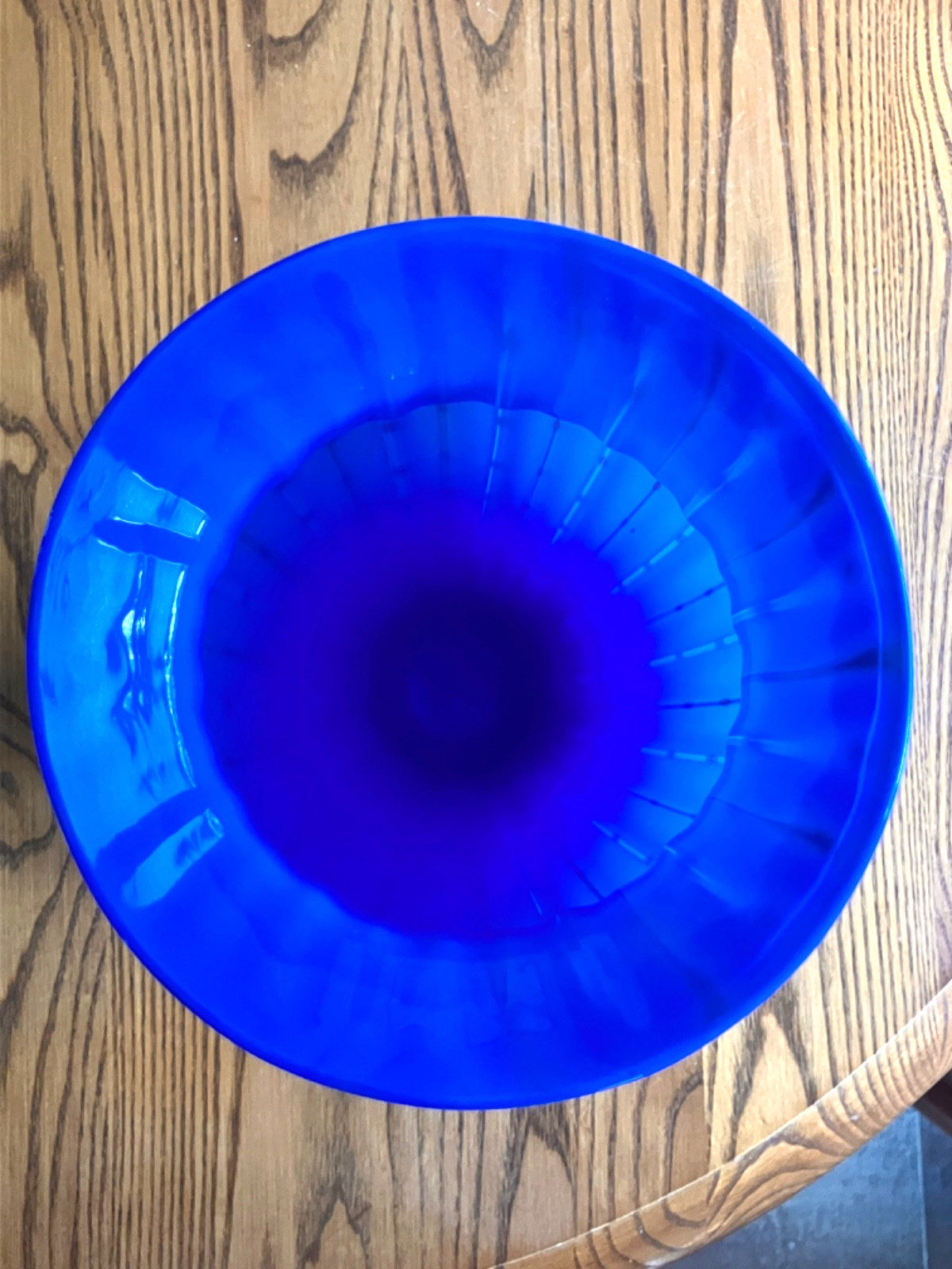 Unmarked Hand Blown Art Glass Vase Blue With Yellow Pin Stripe Red Dots 12 1/4″