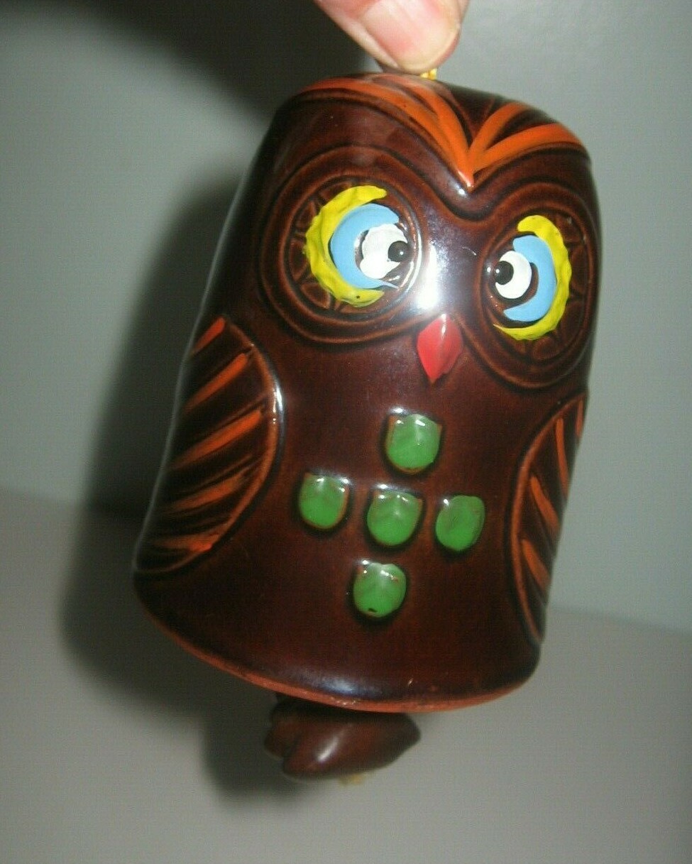 Mid Century Art Pottery Retro Hand Painted Owl Wind Chime/Bell 1960’s