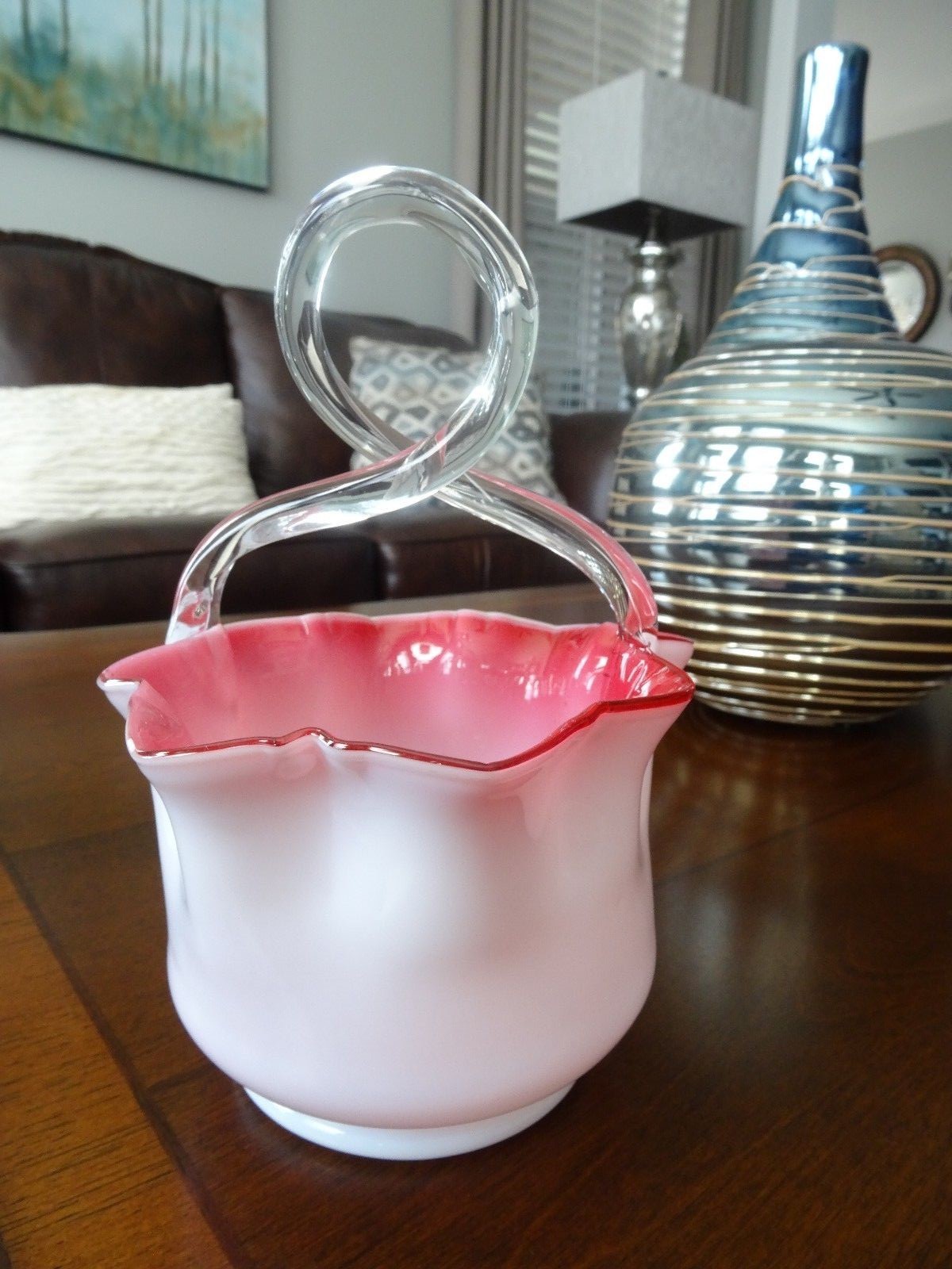 Antique C 1900 STOURBRIDGE Glass Cranberry Cased Twisted LOOP HANDLE BASKET