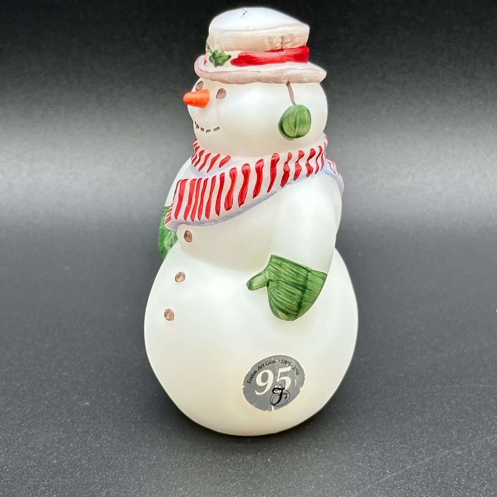 Fenton Art Glass Snowman Christmas 95th Anniversary Ivory Signed M Raddish Label
