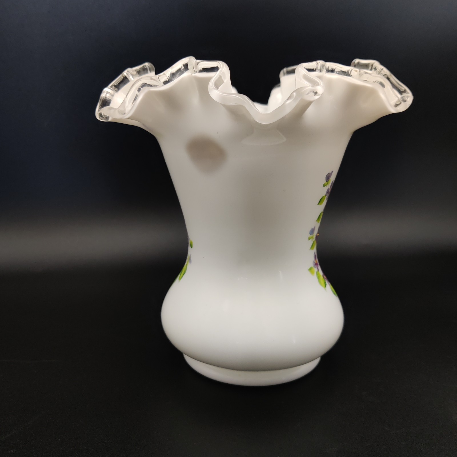 Fenton Vase Silver Crest Violets in Snow Hand Painted Signed K. Davis W/Stickers