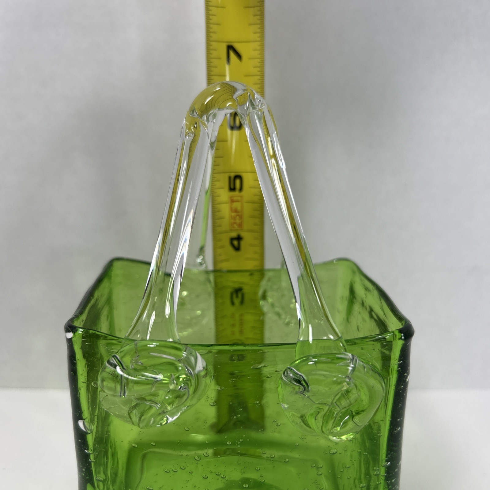 Vintage Hand Blown Green Glass Purse Bag Vase 7” Tall W/ handle 4” Wide