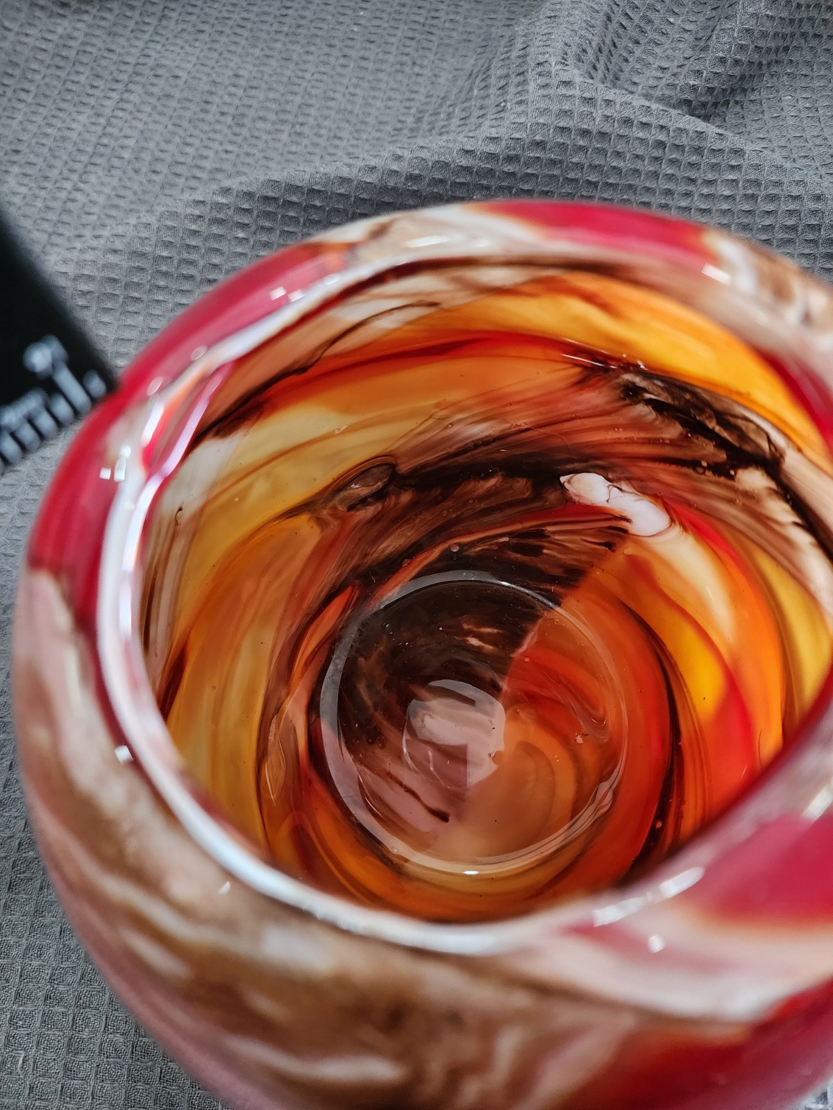 Glass Sphere Orange Red Brown White Round Vase 6” Unsigned