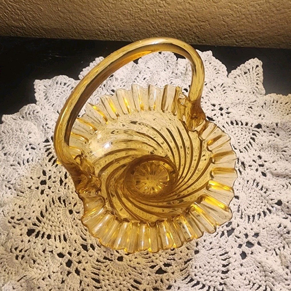 Amber Glass Swirl Art Decorative Basket with Handle, Round, Glossy Finish