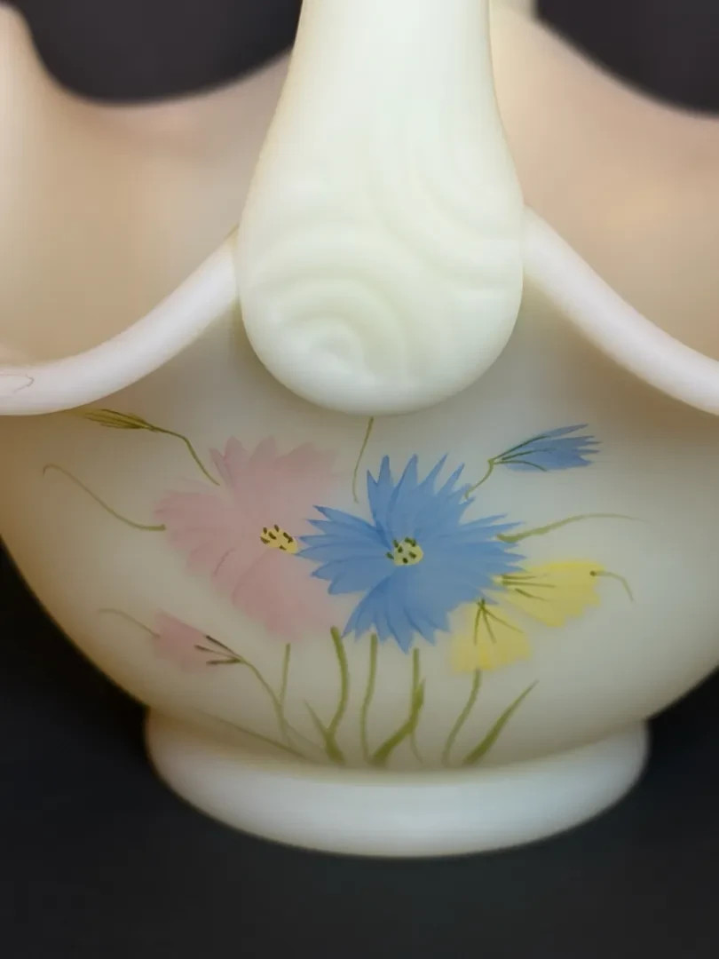 Porcelain Uranium Fenton Floral Basket Hand painted and signed by Debbie Lorentz