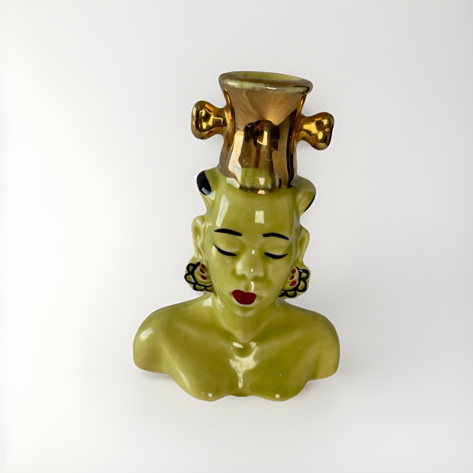 Mid Century Vintage CERAMIC NUBIAN PRINCESS Vase CHARTREUSE GREEN & GOLD ACCENTS