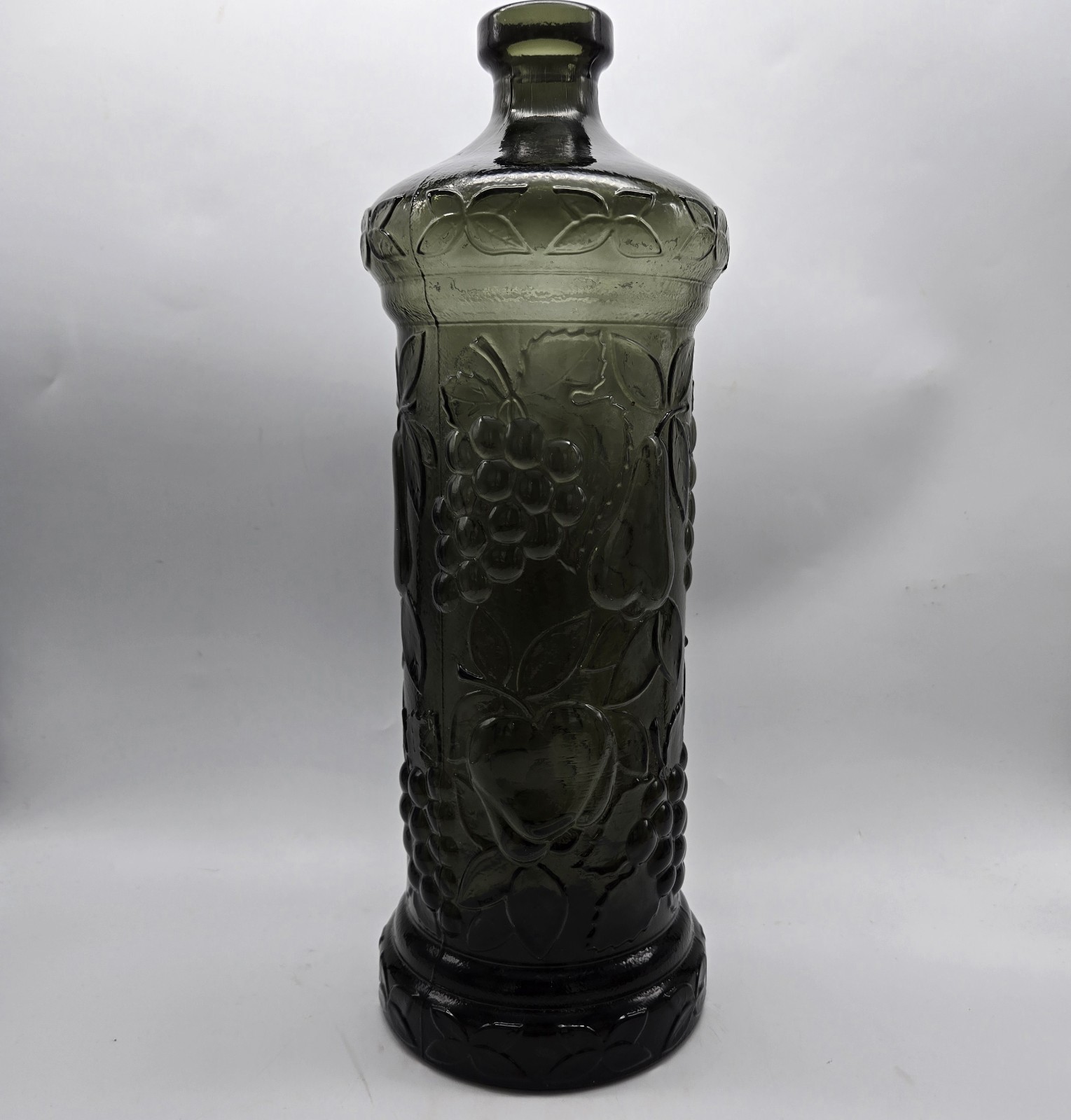 Rossini Empoli Glass Bottle 15″ Apples Fruit Decanter Smoke Gray Charcoal Vtg