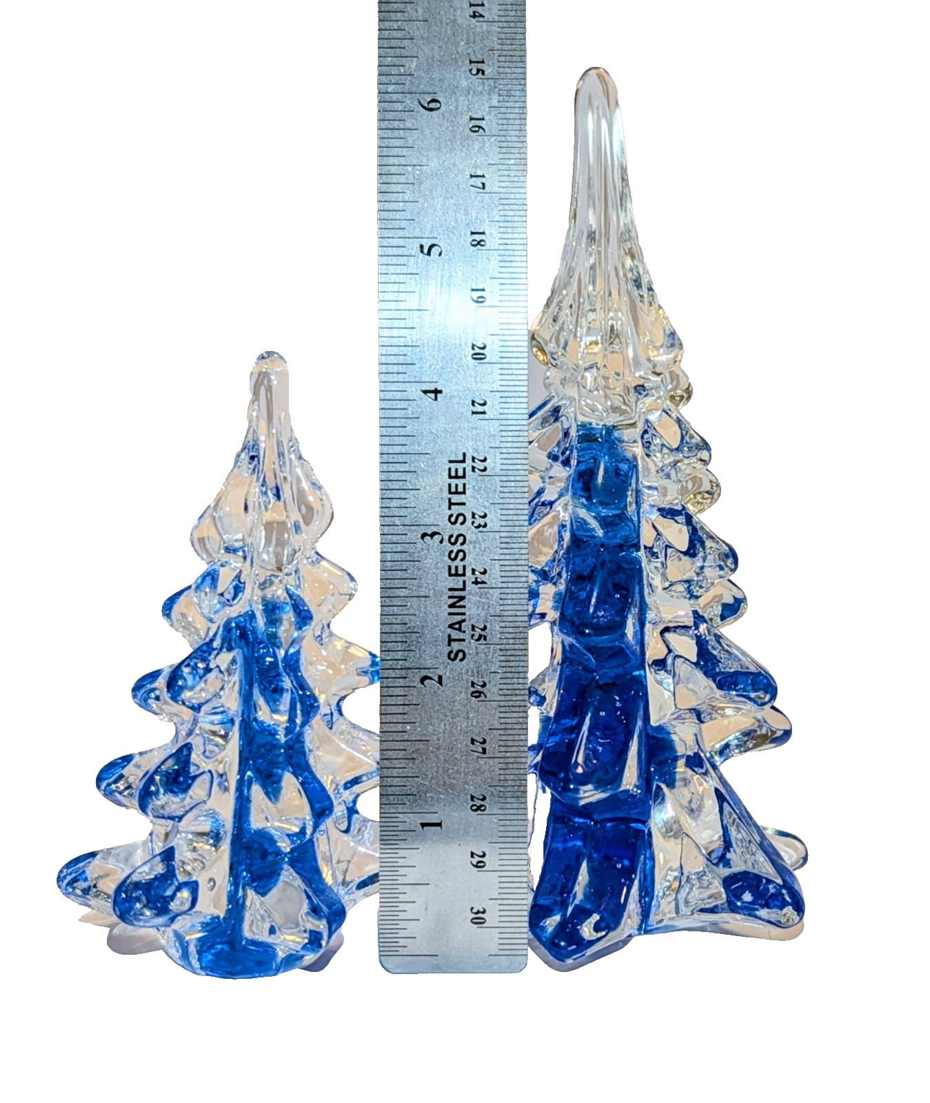 Vtg MidWest Cobalt Blue Art Glass Xmas Pine Tree Crystal Ribbon Sculpture x2 A+