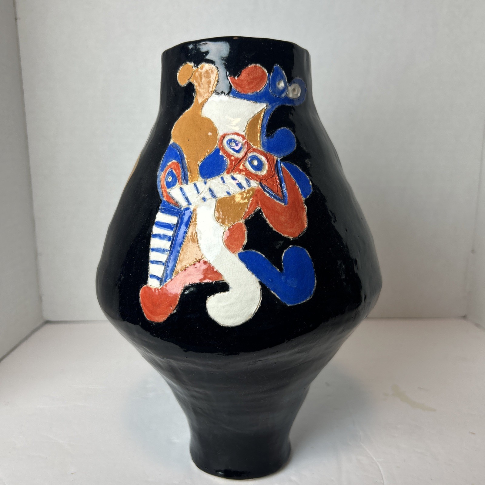 MCM Studio Art Pottery Handmade Vase Vessel Black Bold Colors Abstract Ceramic