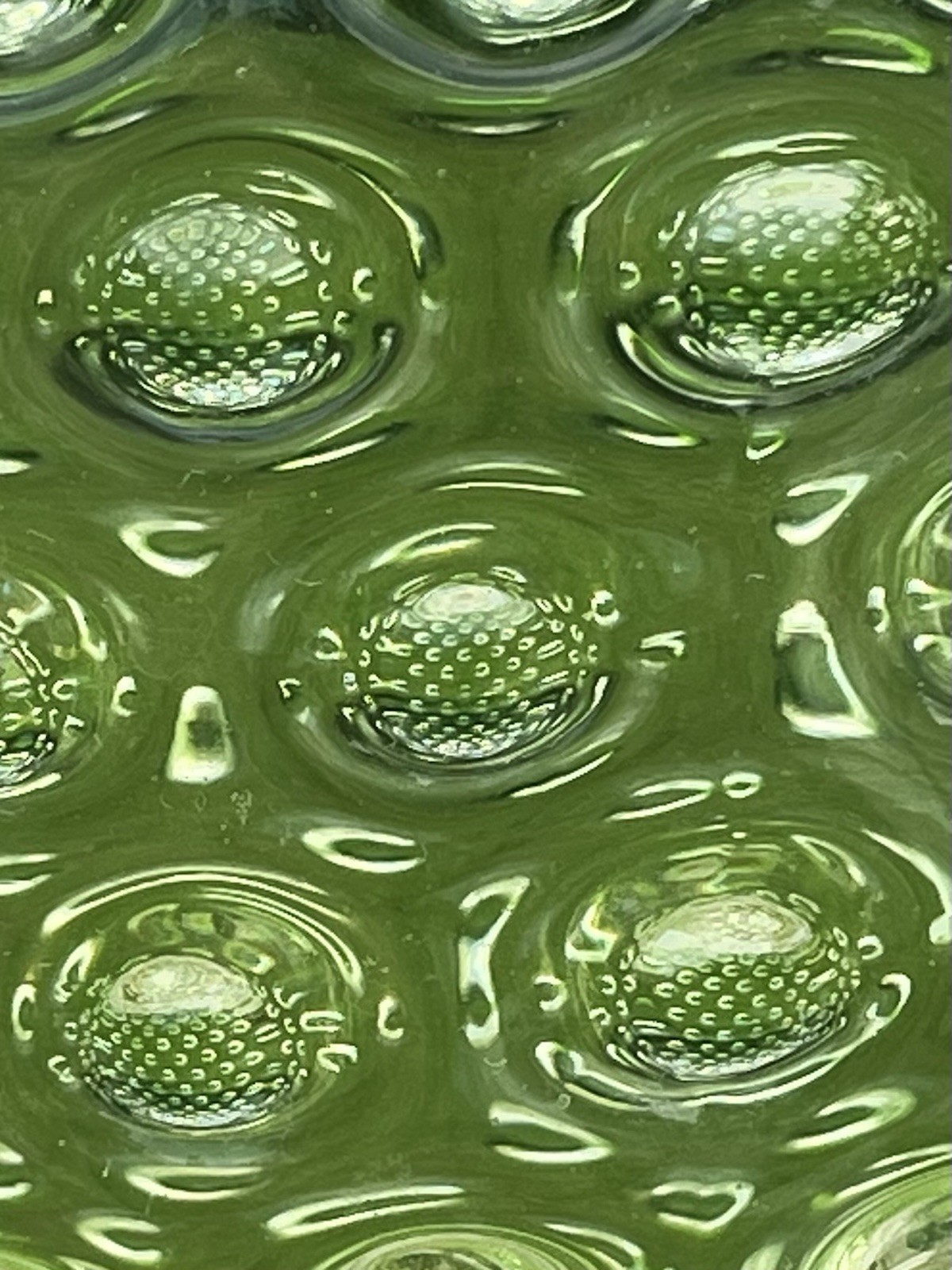 1880’s Vaseline Uranium Art Glass Two Handled Thousand Eye 10 1/2” X 6 1/4” Vase